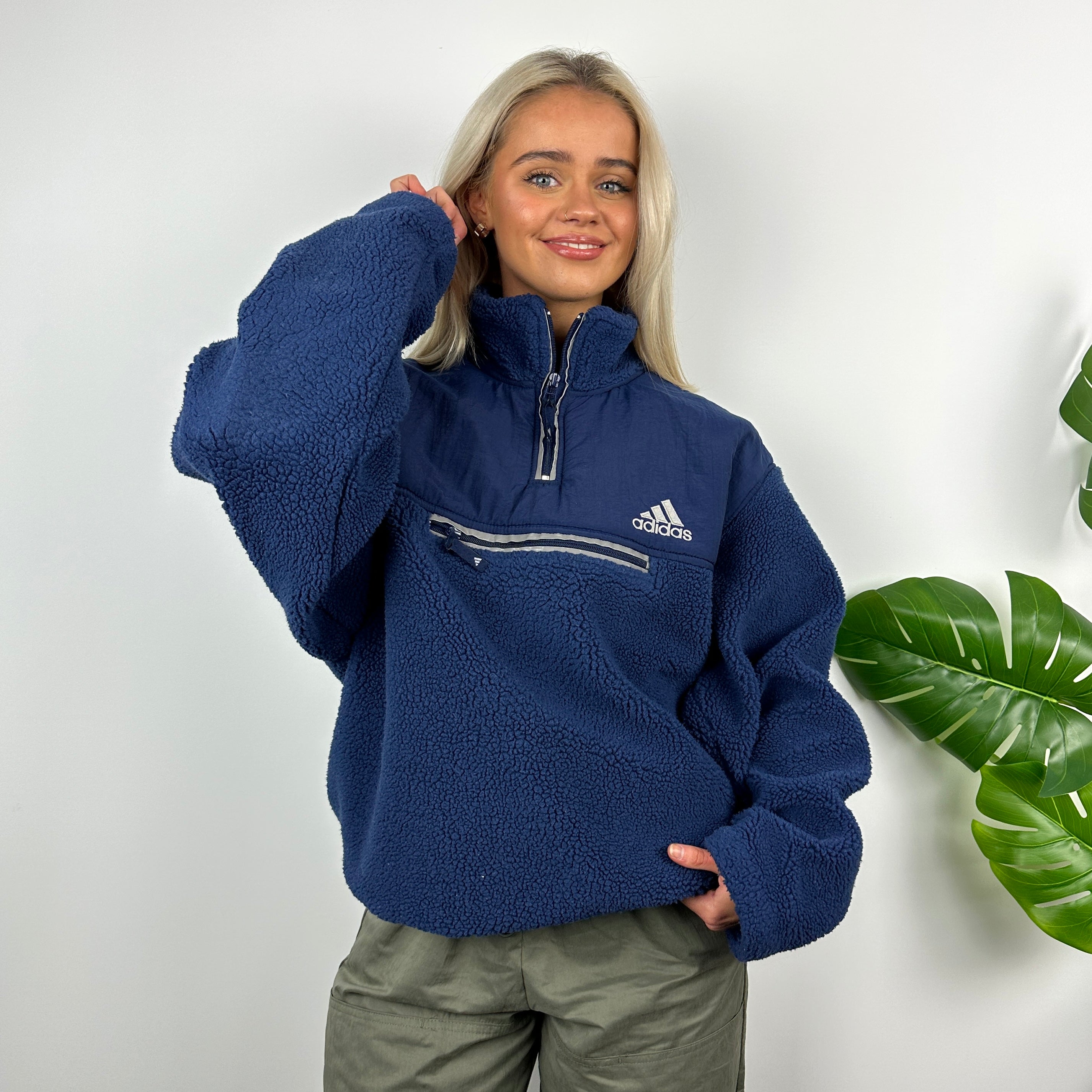 Adidas Navy Embroidered Spell Out Teddy Bear Sherpa Fleece Quarter Zip Sweatshirt (XL)