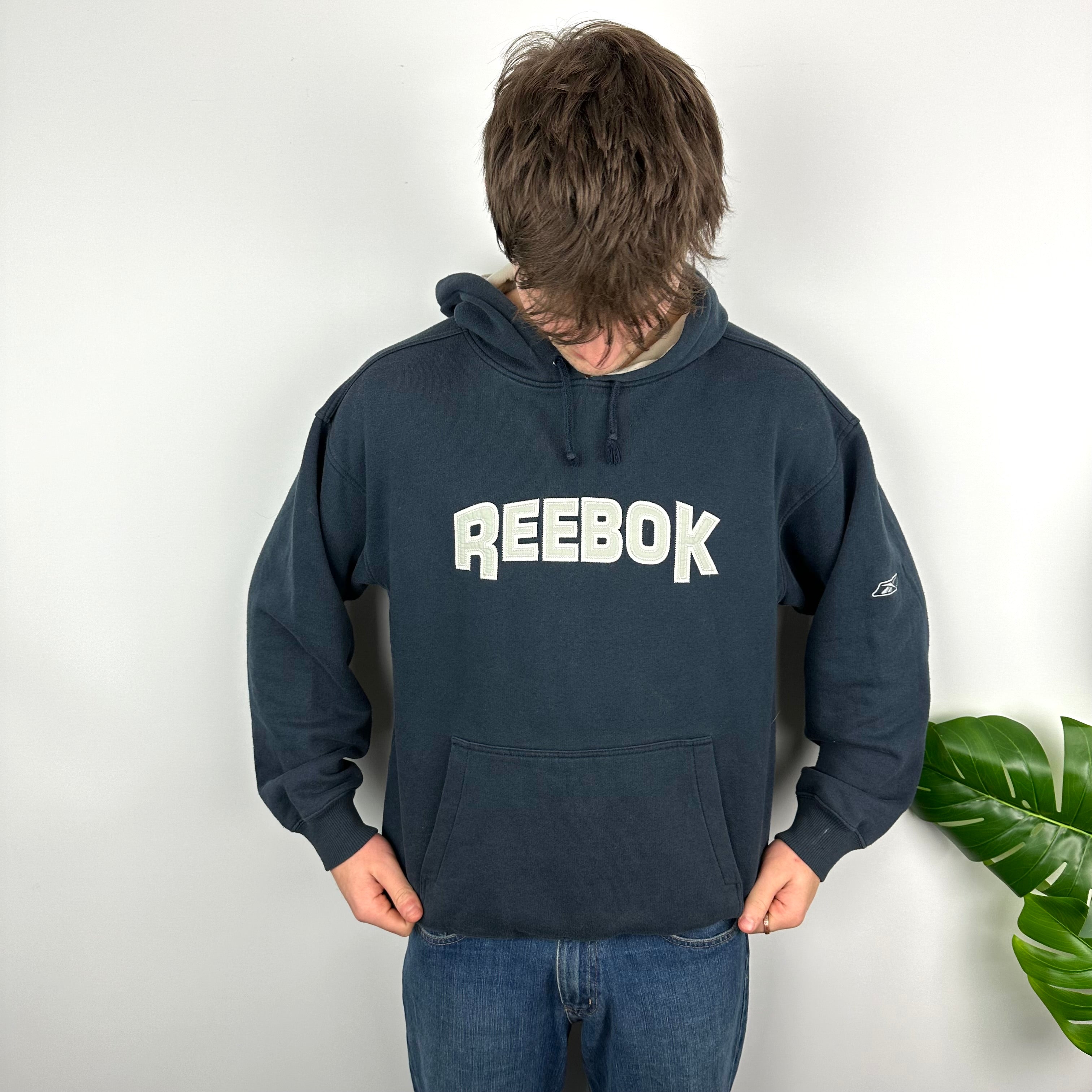 Reebok RARE Navy Embroidered Spell Out Hoodie (M)