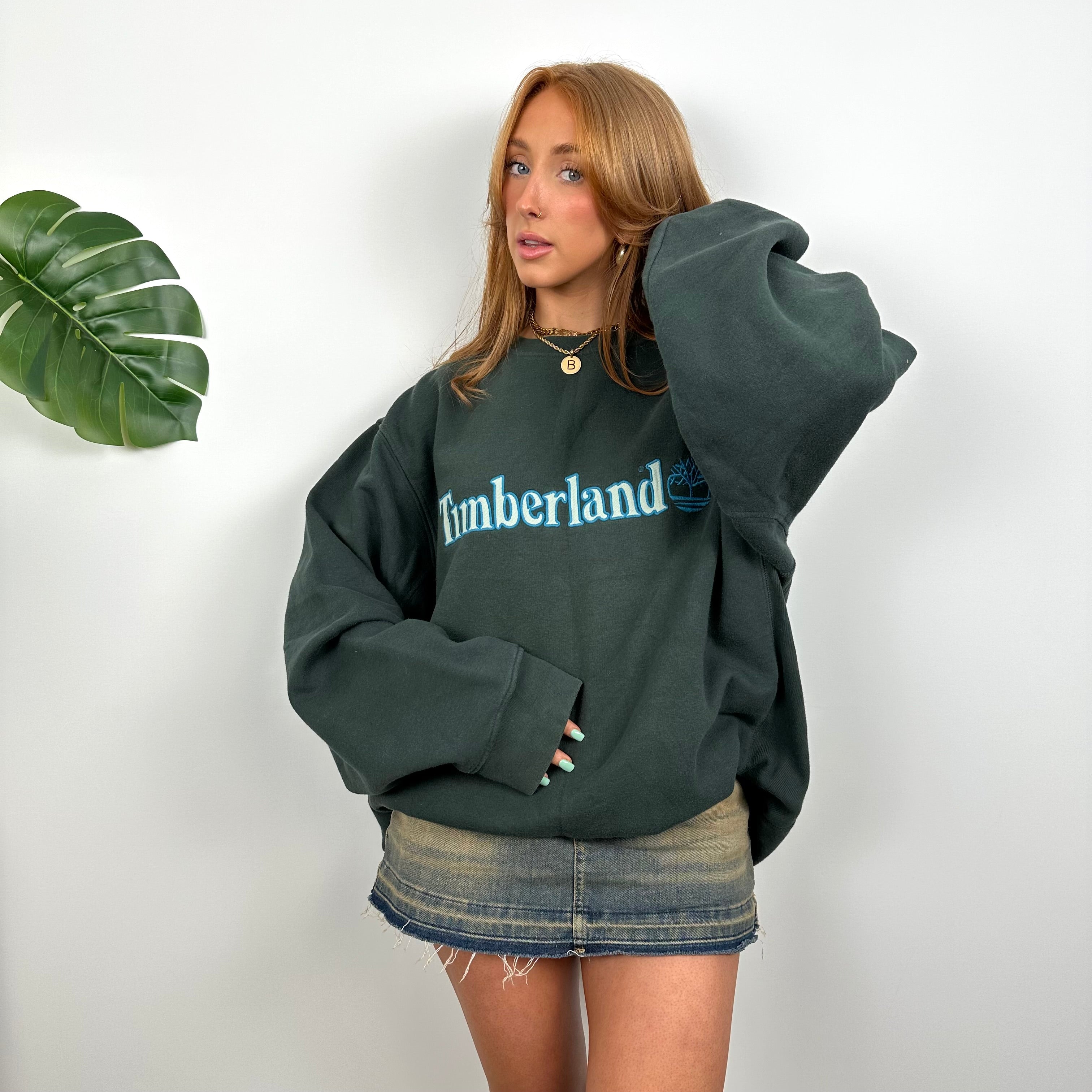 Timberland Forest Green Embroidered Spell Out Sweatshirt (XL)