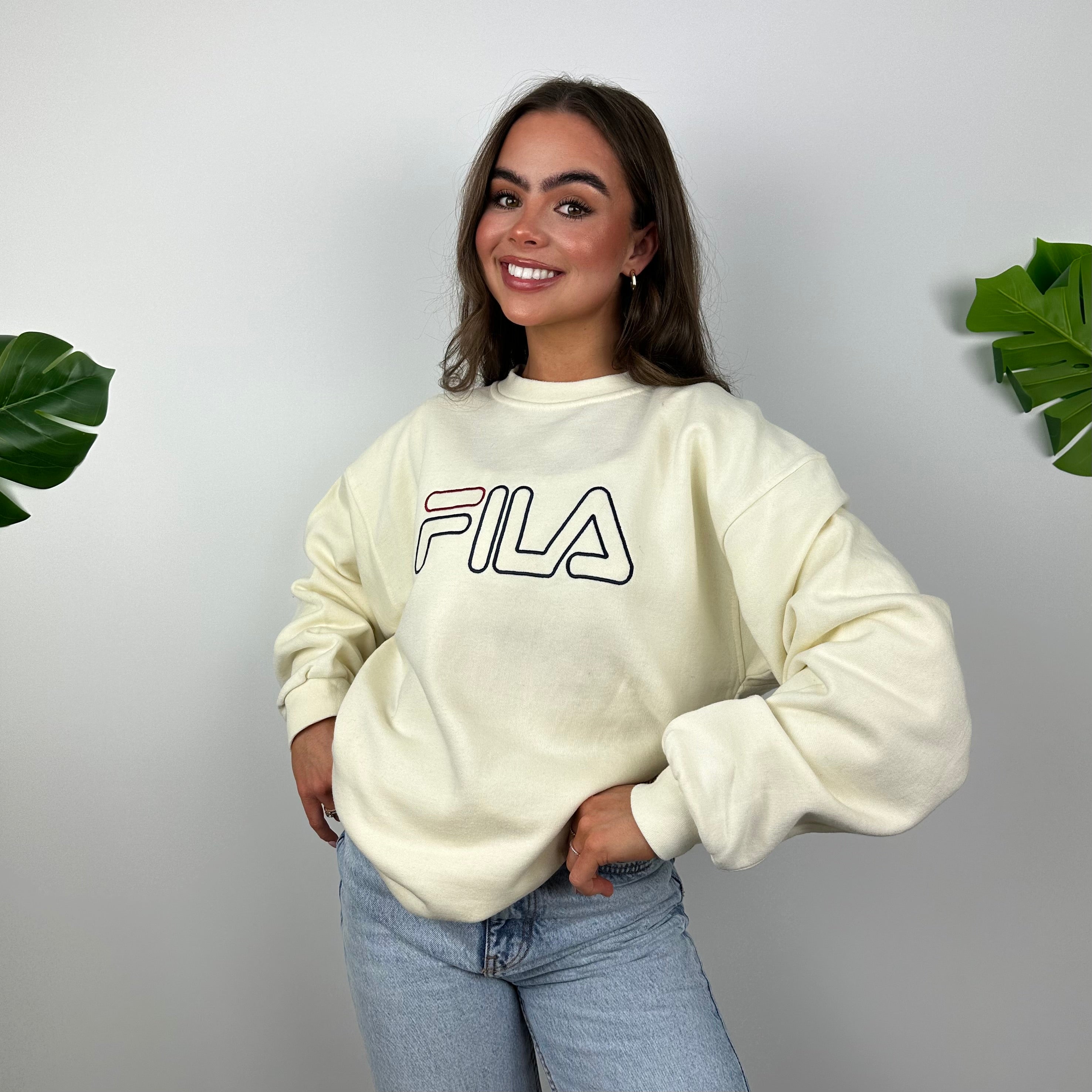FILA Cream Embroidered Spell Out Sweatshirt (XL)