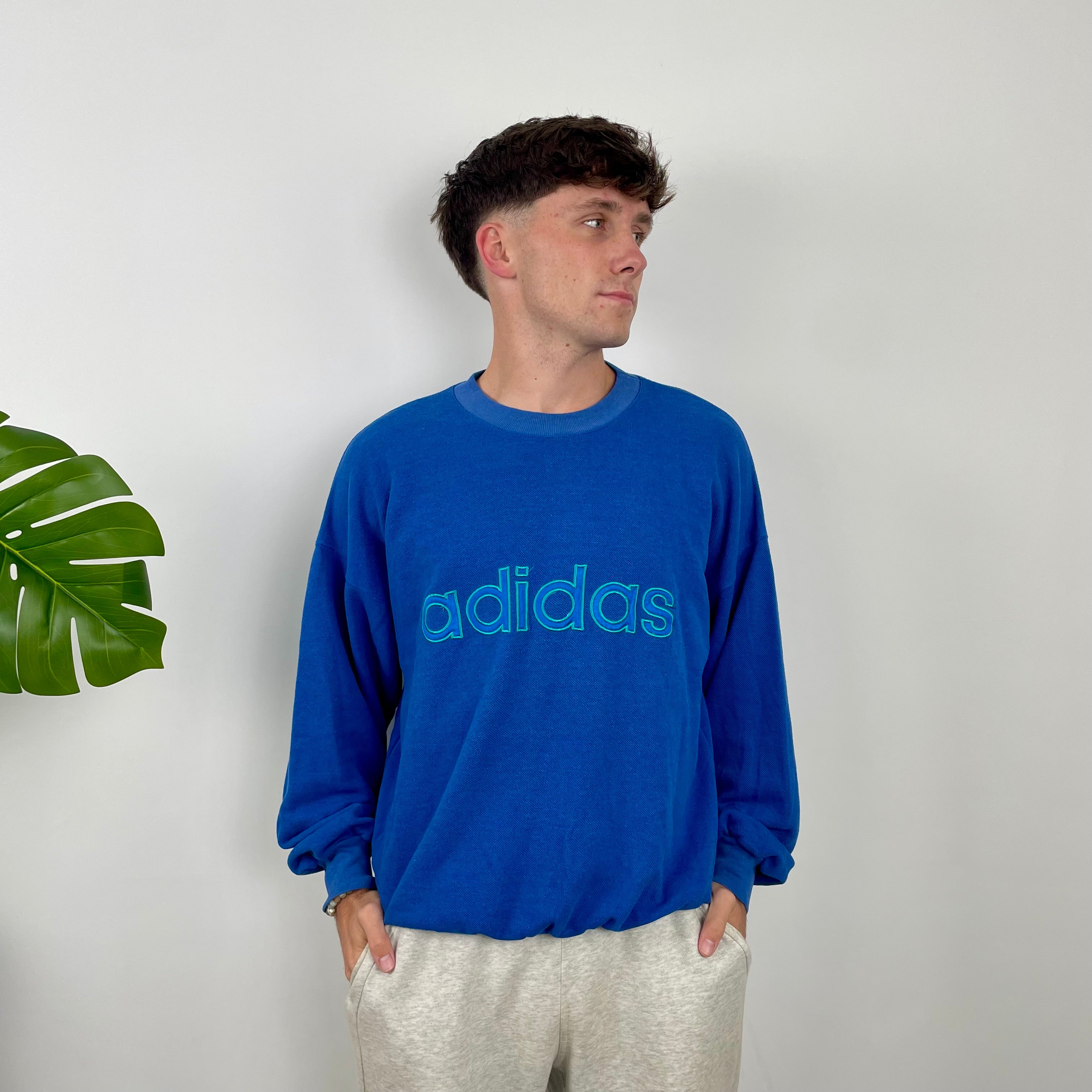 Adidas Blue Embroidered Spell Out Sweatshirt (M)