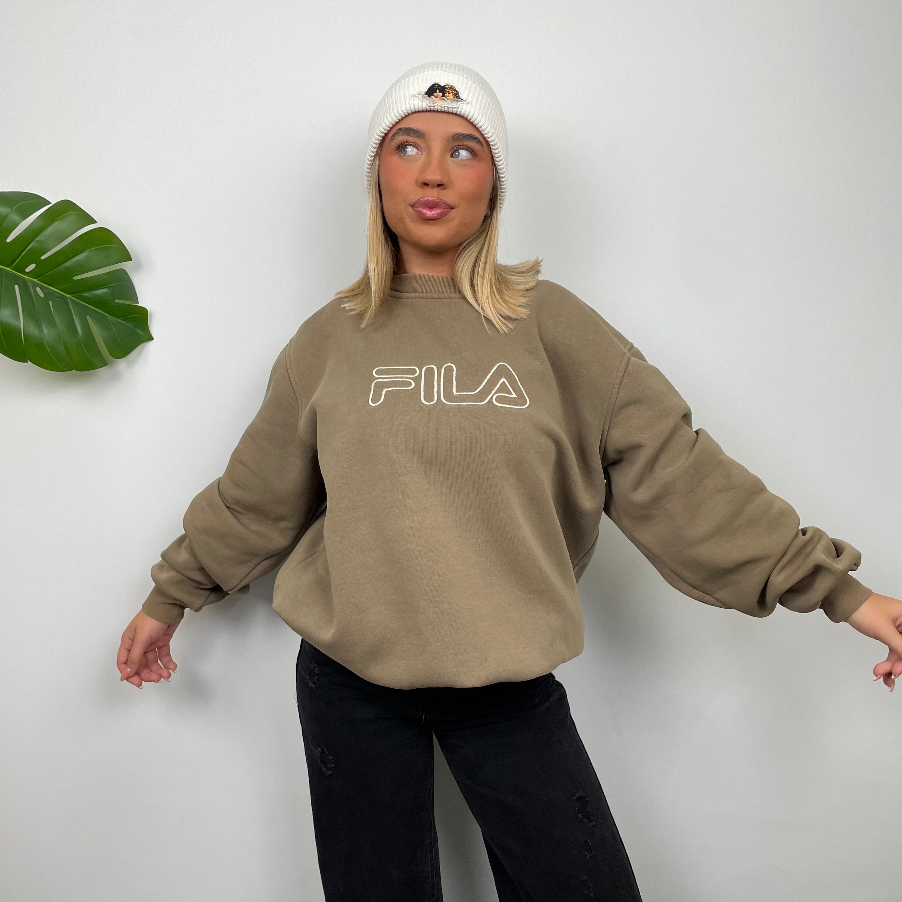 FILA Tan Brown Embroidered Spell Out Sweatshirt (L)