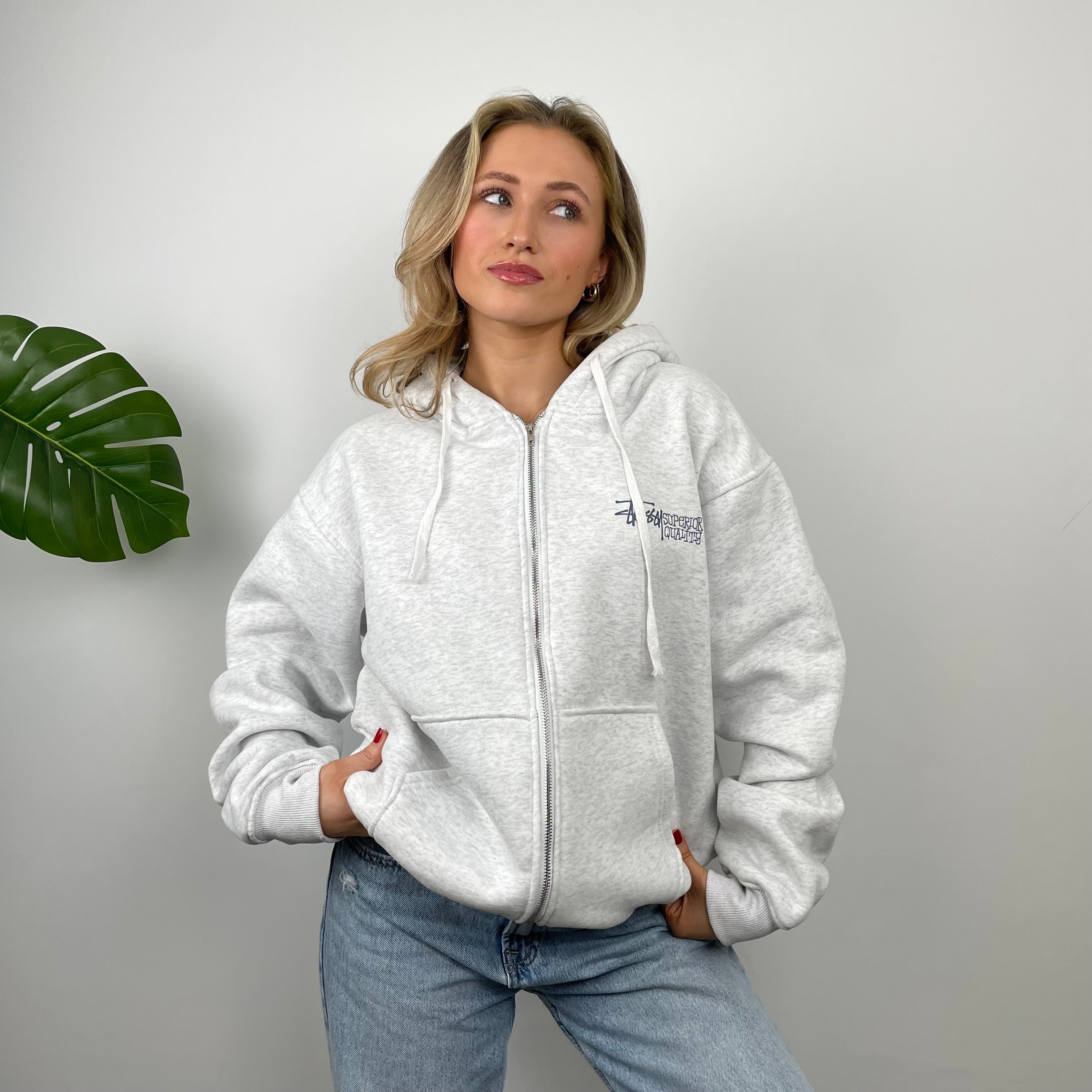 Stussy Grey Embroidered Zip Up Hoodie (M)