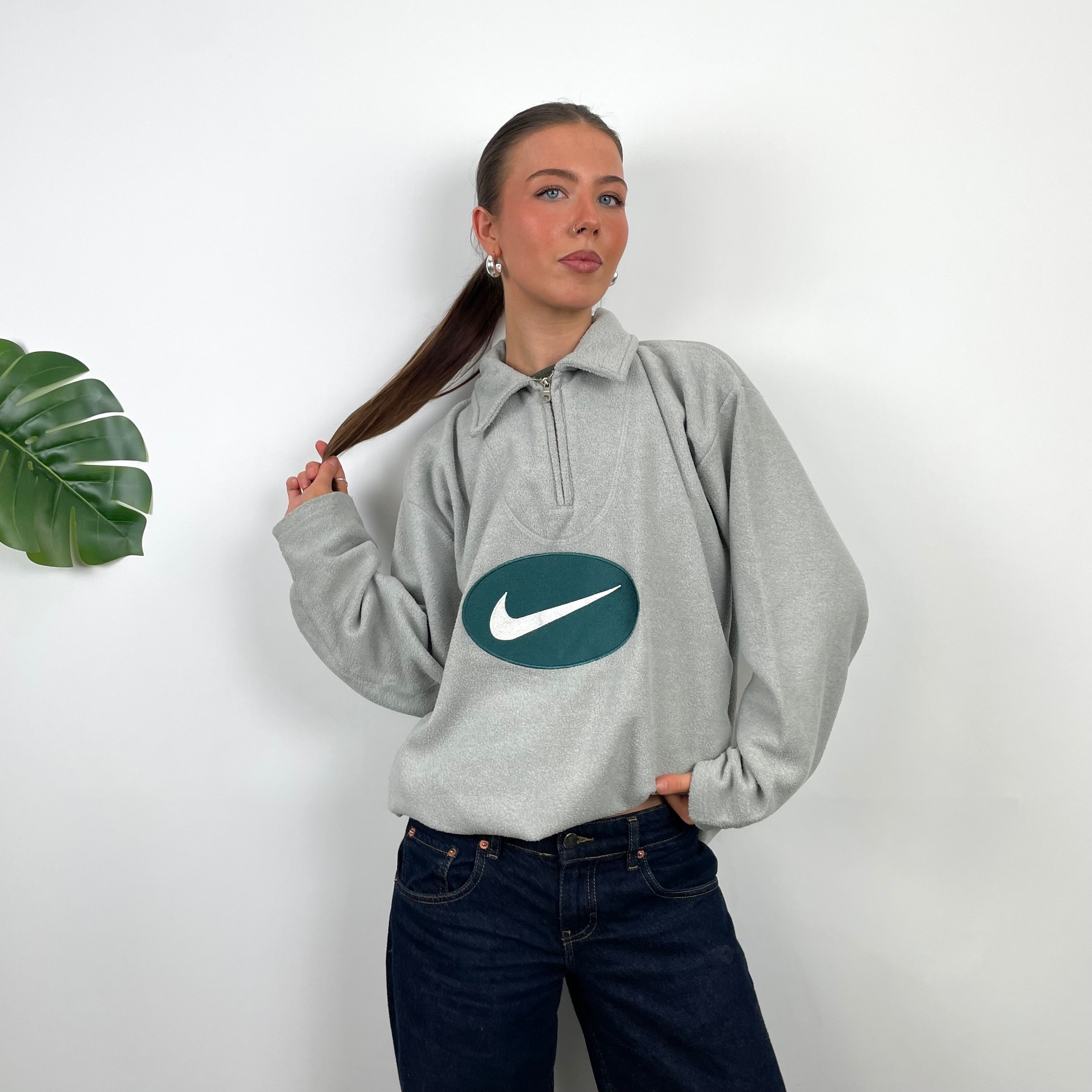 Nike Grey Embroidered Swoosh Teddy Bear Fleece Quarter Zip Sweatshirt (L)