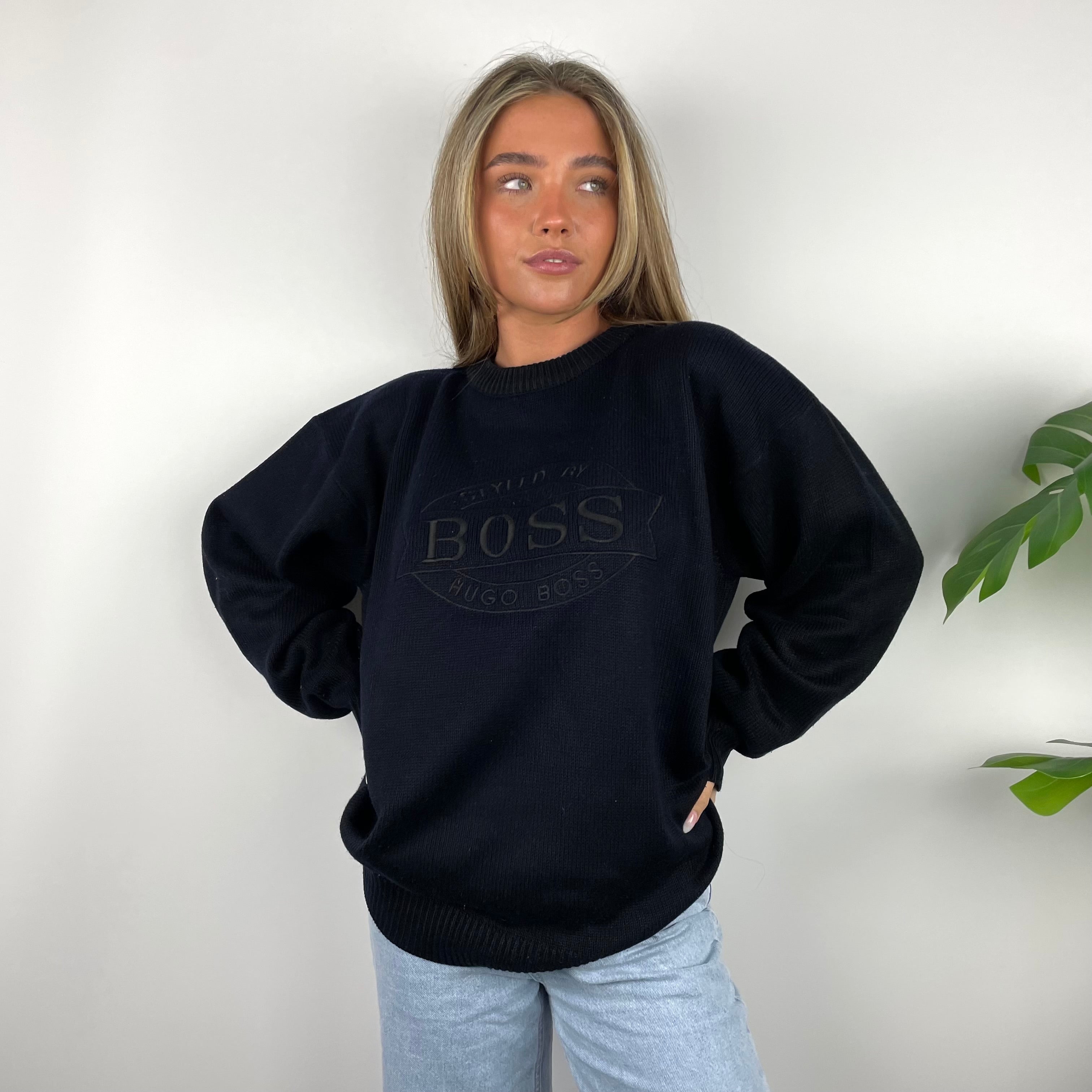 Hugo Boss RARE Navy Embroidered Spell Out Knitted Sweater (M)