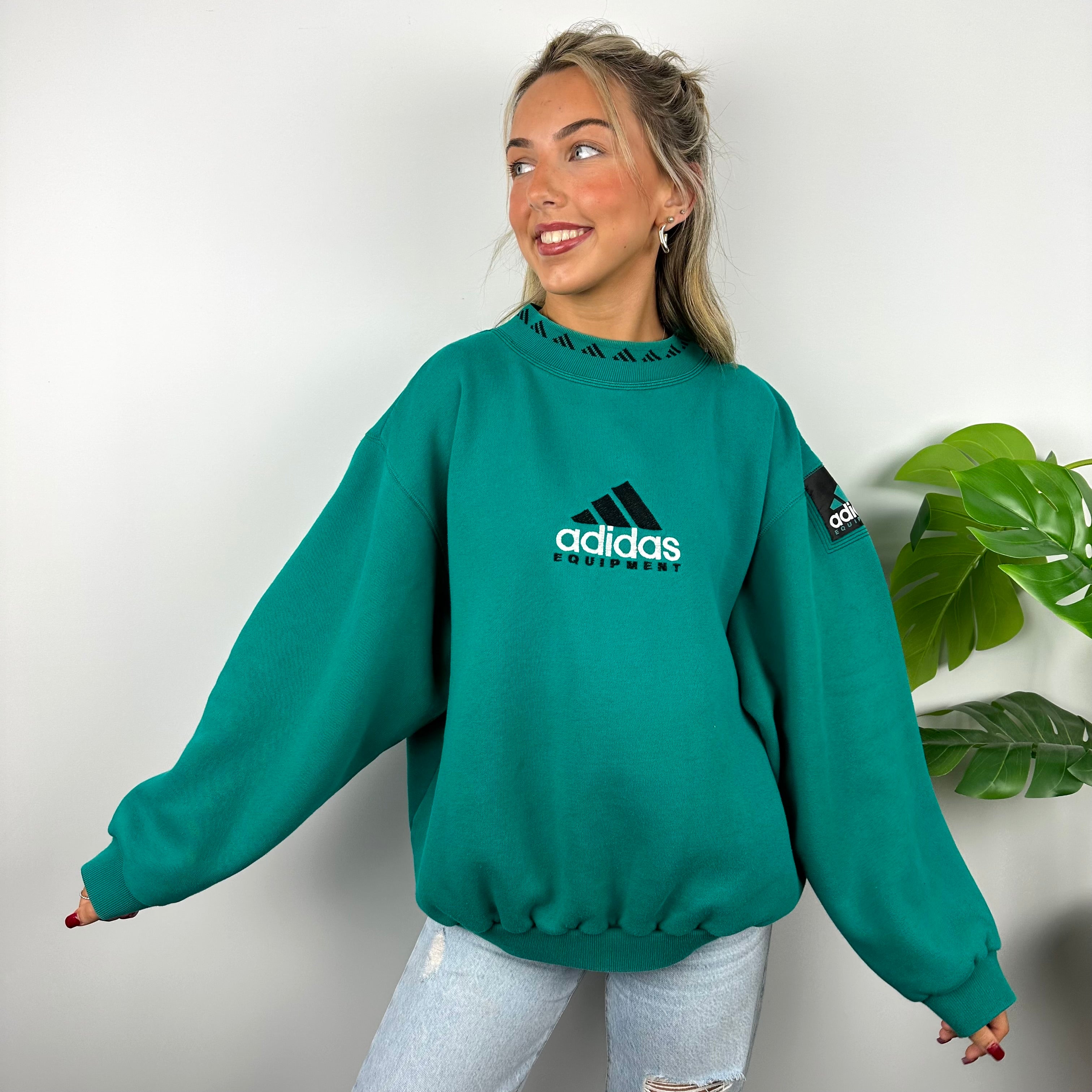 Adidas Equipment RARE Turquoise Blue Embroidered Spell Out Sweatshirt (M)