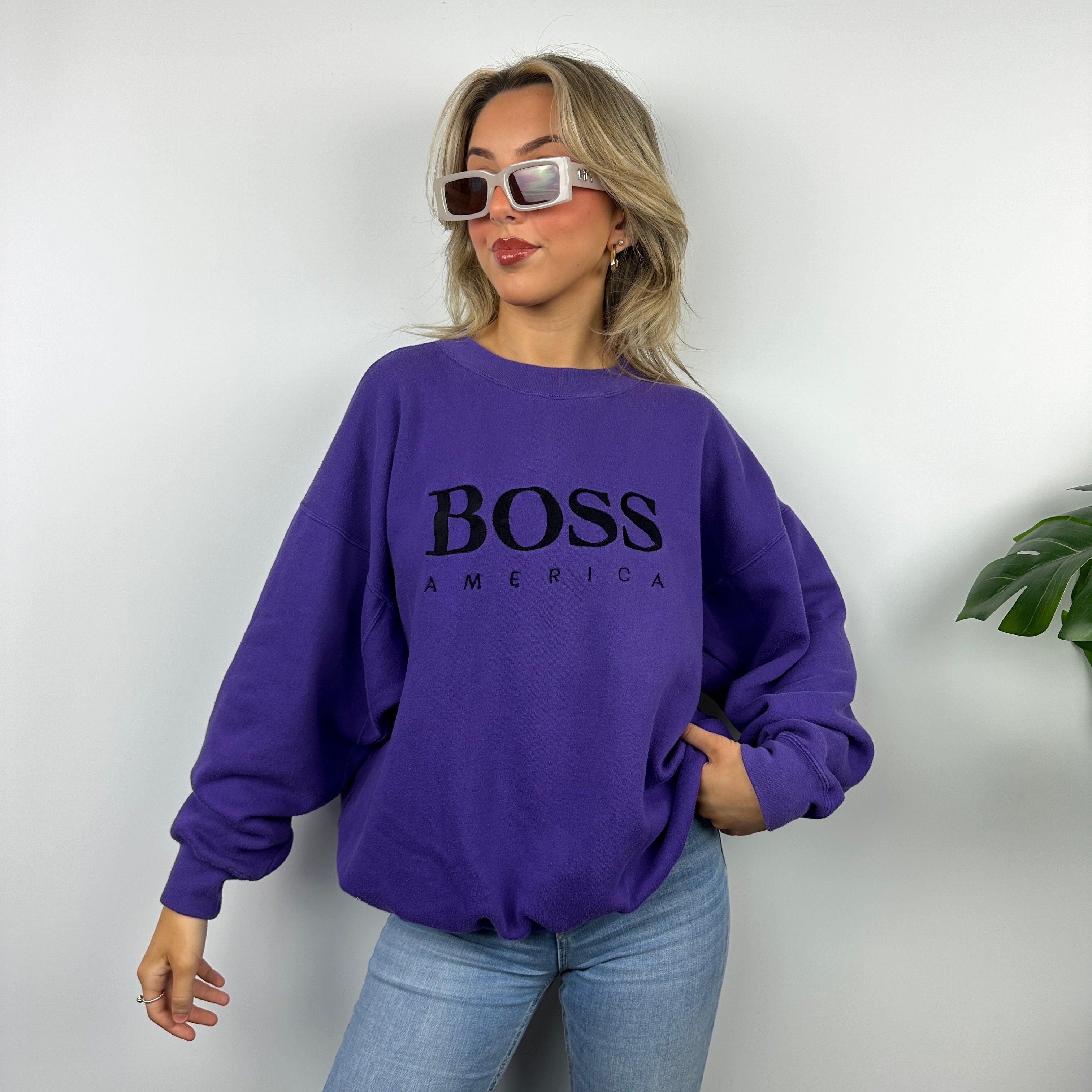 Boss America Purple Embroidered Spell Out Sweatshirt (L)