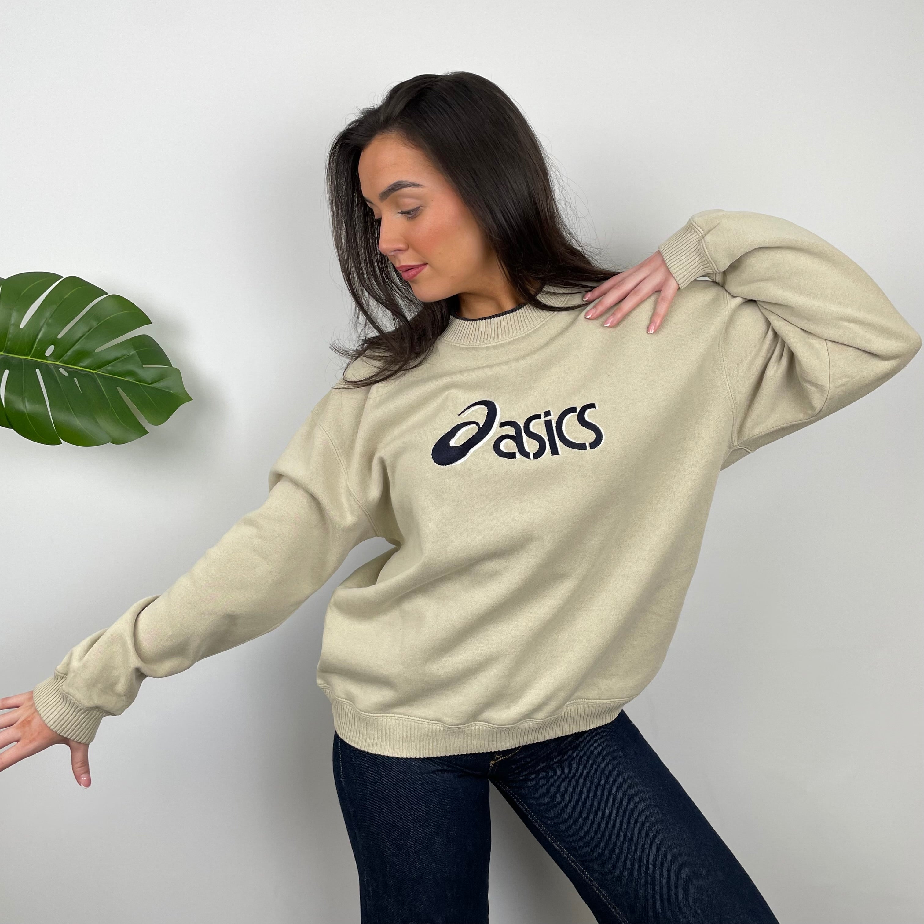 ASICS Tan Beige Embroidered Spell Out Sweatshirt (M)