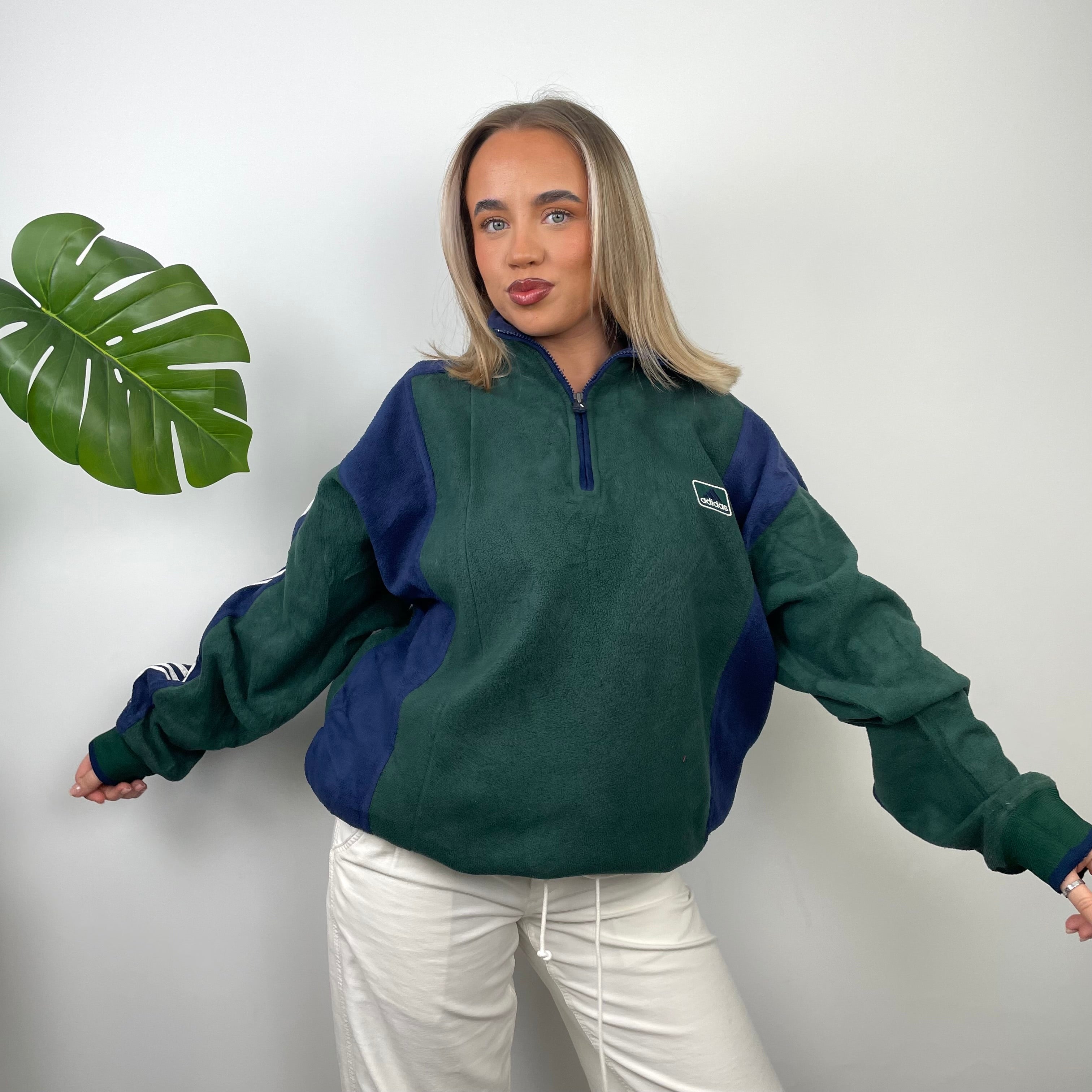 Adidas Green Embroidered Spell Out Fleece Quarter Zip Sweatshirt (XL)