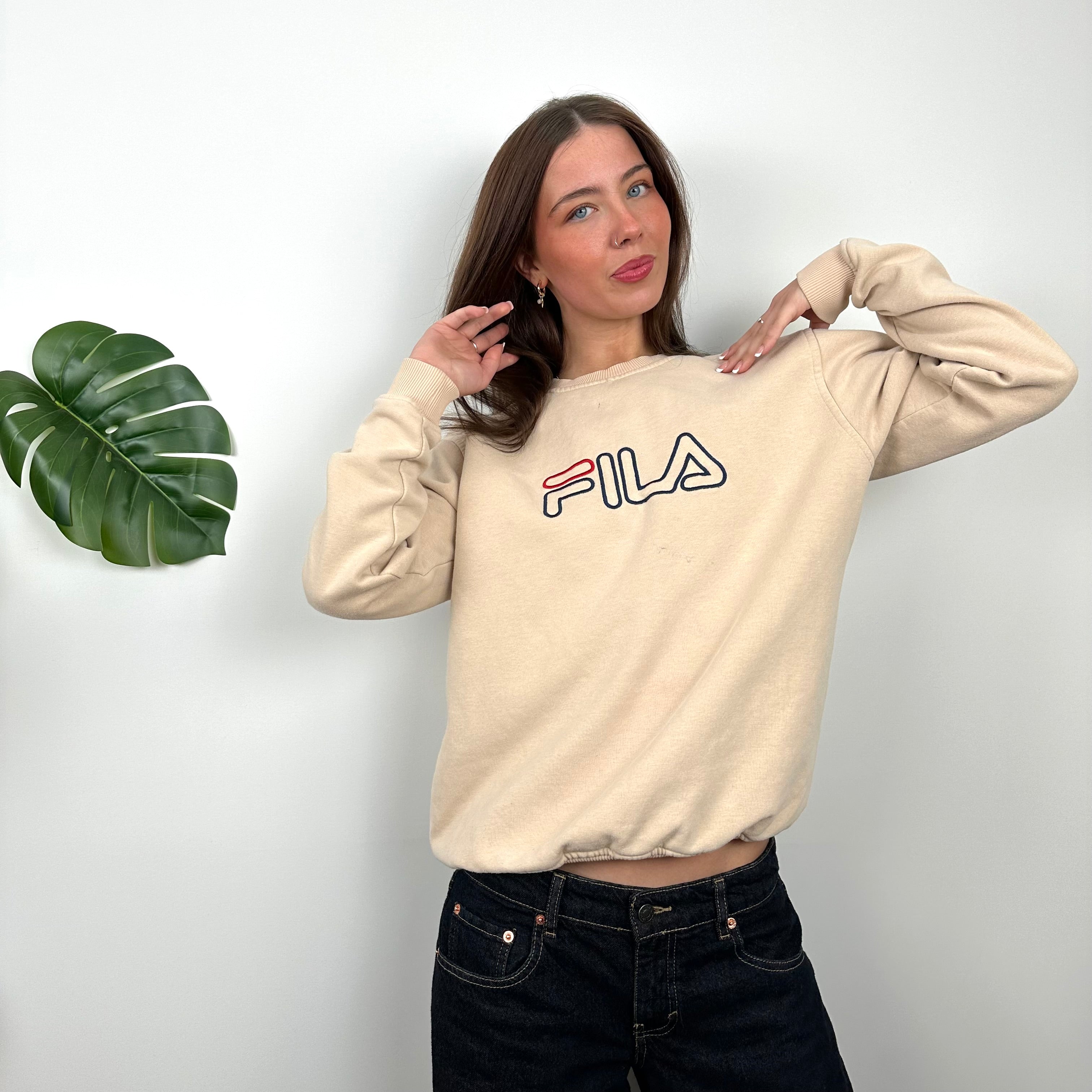 FILA Tan Brown Embroidered Spell Out Sweatshirt (M)