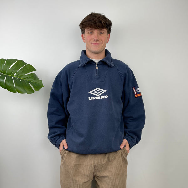 Umbro RARE Navy Embroidered Spell Out Quarter Zip Sweatshirt (L)