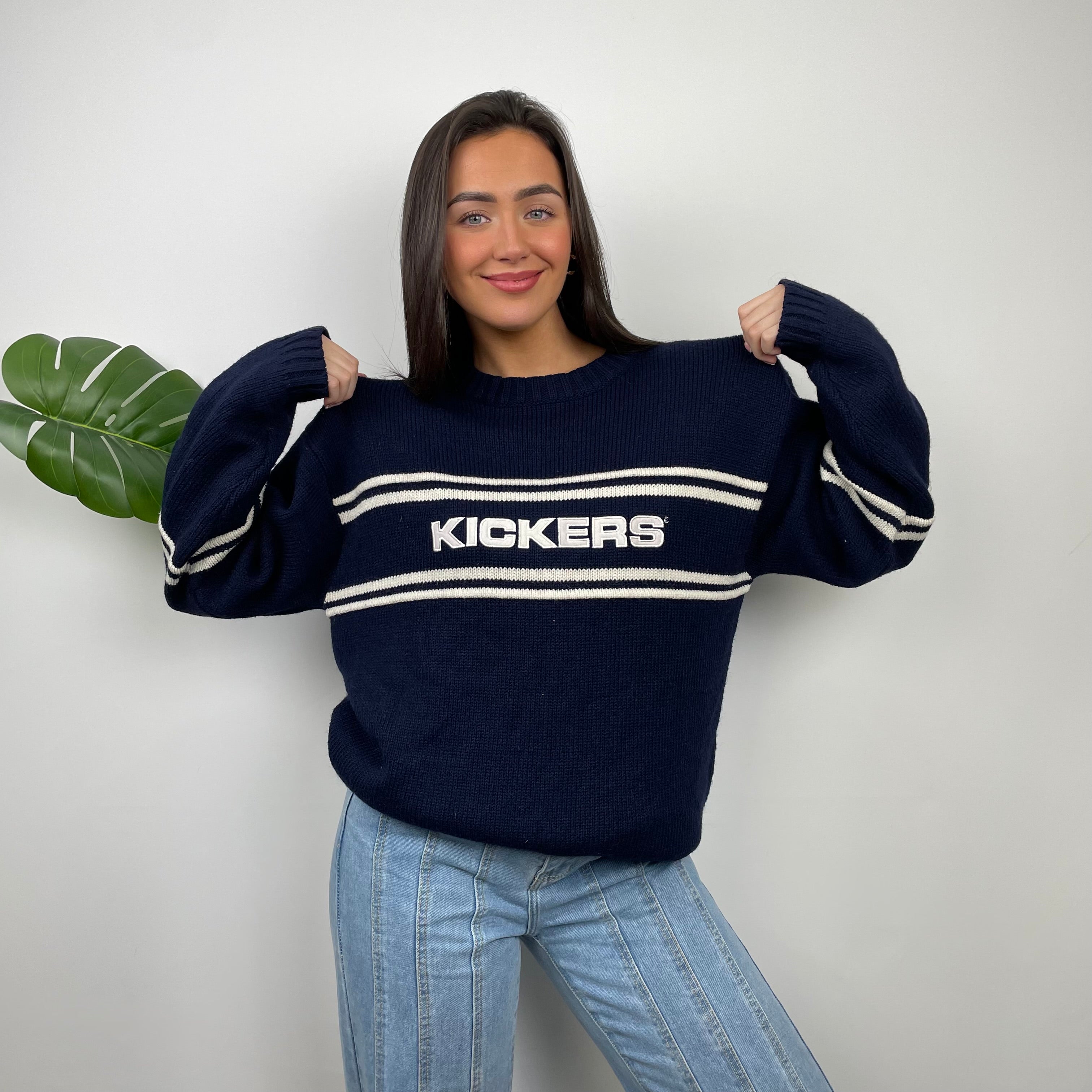 Kickers RARE Navy & Cream Embroidered Spell Out Knitted Sweater (L)