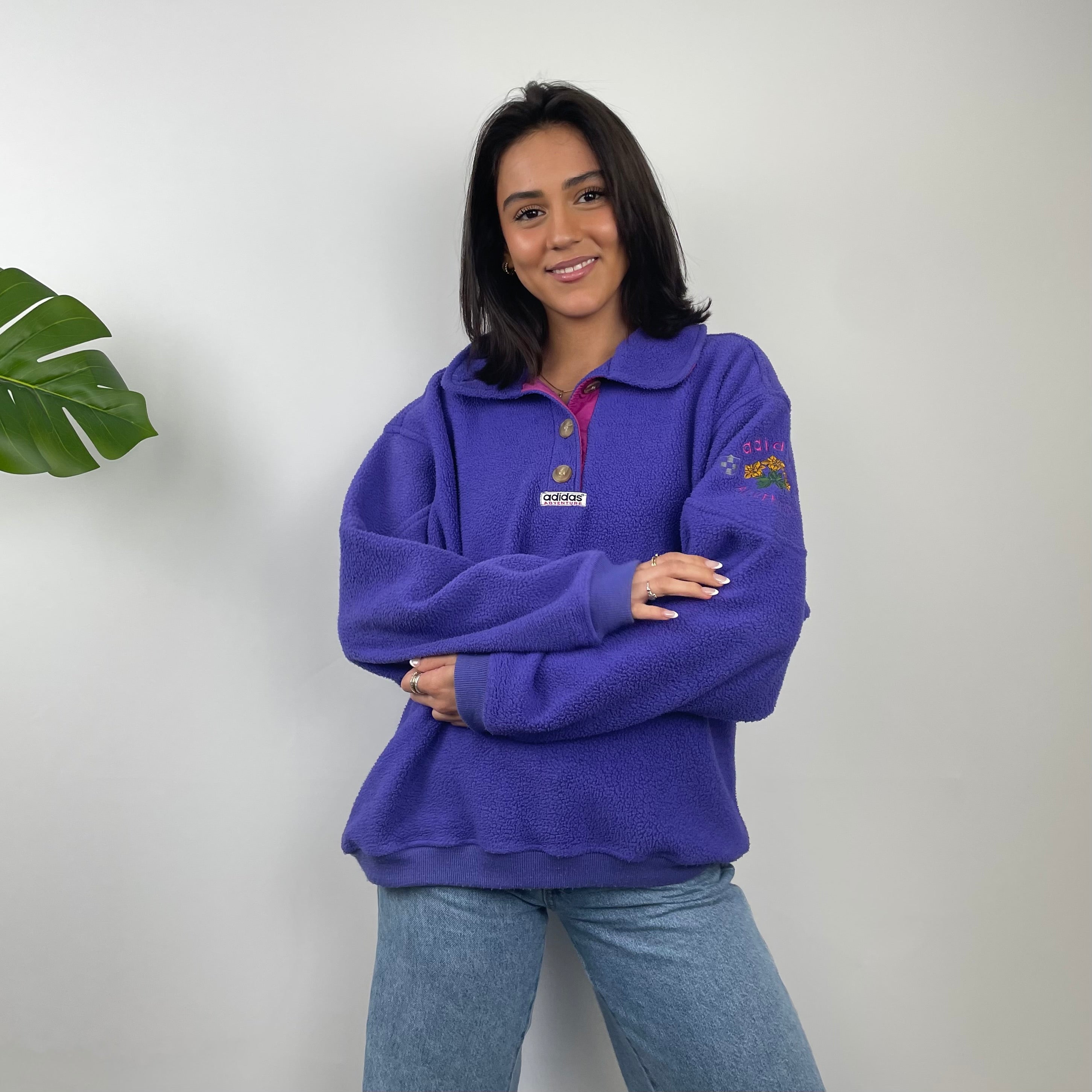 Adidas Adventure RARE Purple Embroidered Spell Out Teddy Bear Fleece Button Sweatshirt (M)