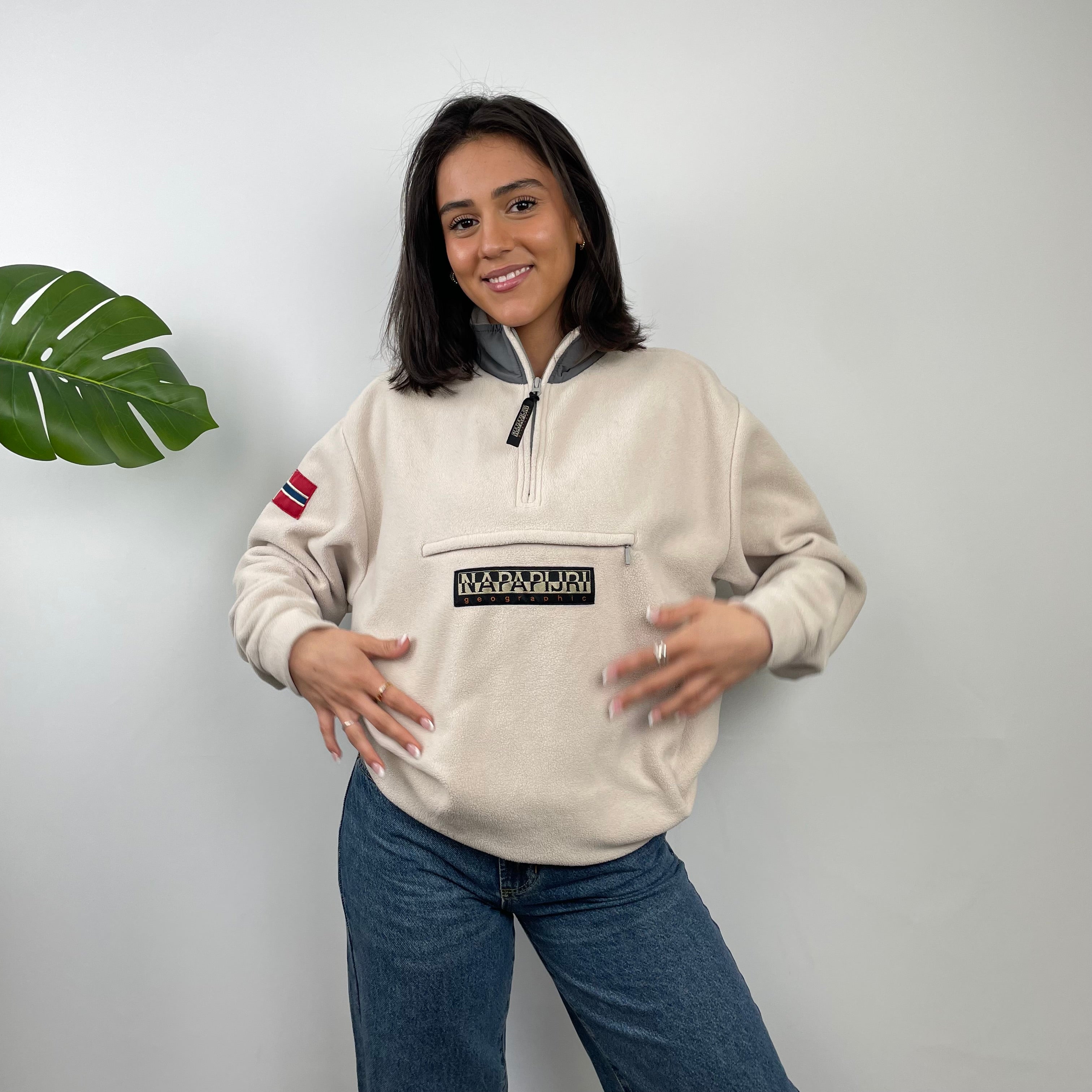 Napapijri Cream Embroidered Spell Out Teddy Bear Fleece Quarter Zip (M)