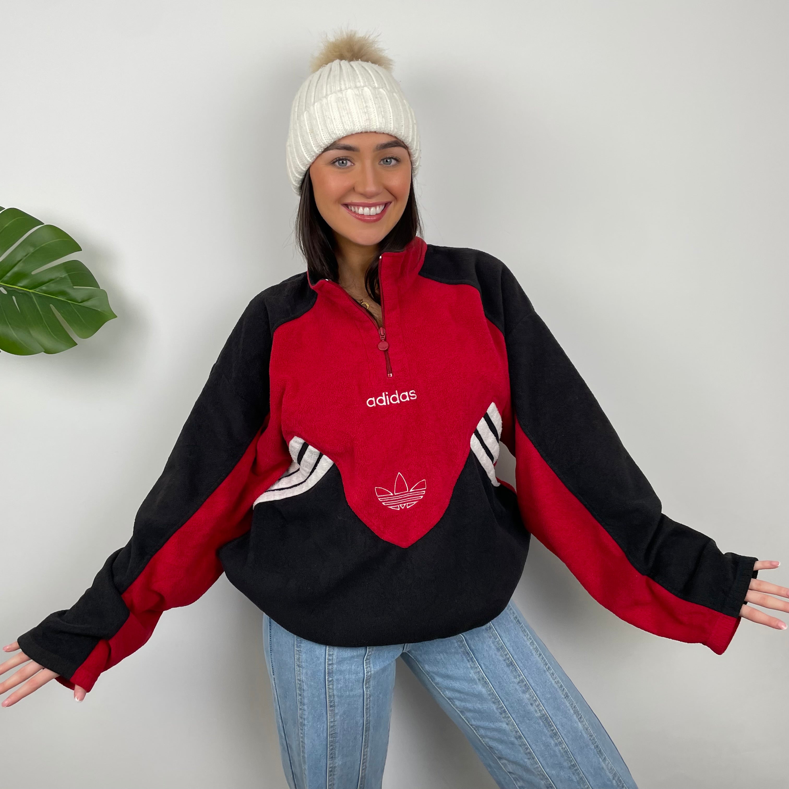 Adidas Red Colour Block Embroidered Spell Out Teddy Bear Fleece Quarter Zip Sweatshirt (L)