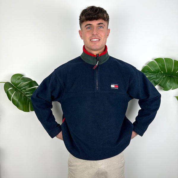 Tommy Hilfiger Navy Embroidered Spell Out Teddy Bear Fleece Quarter Zip Sweatshirt (S)