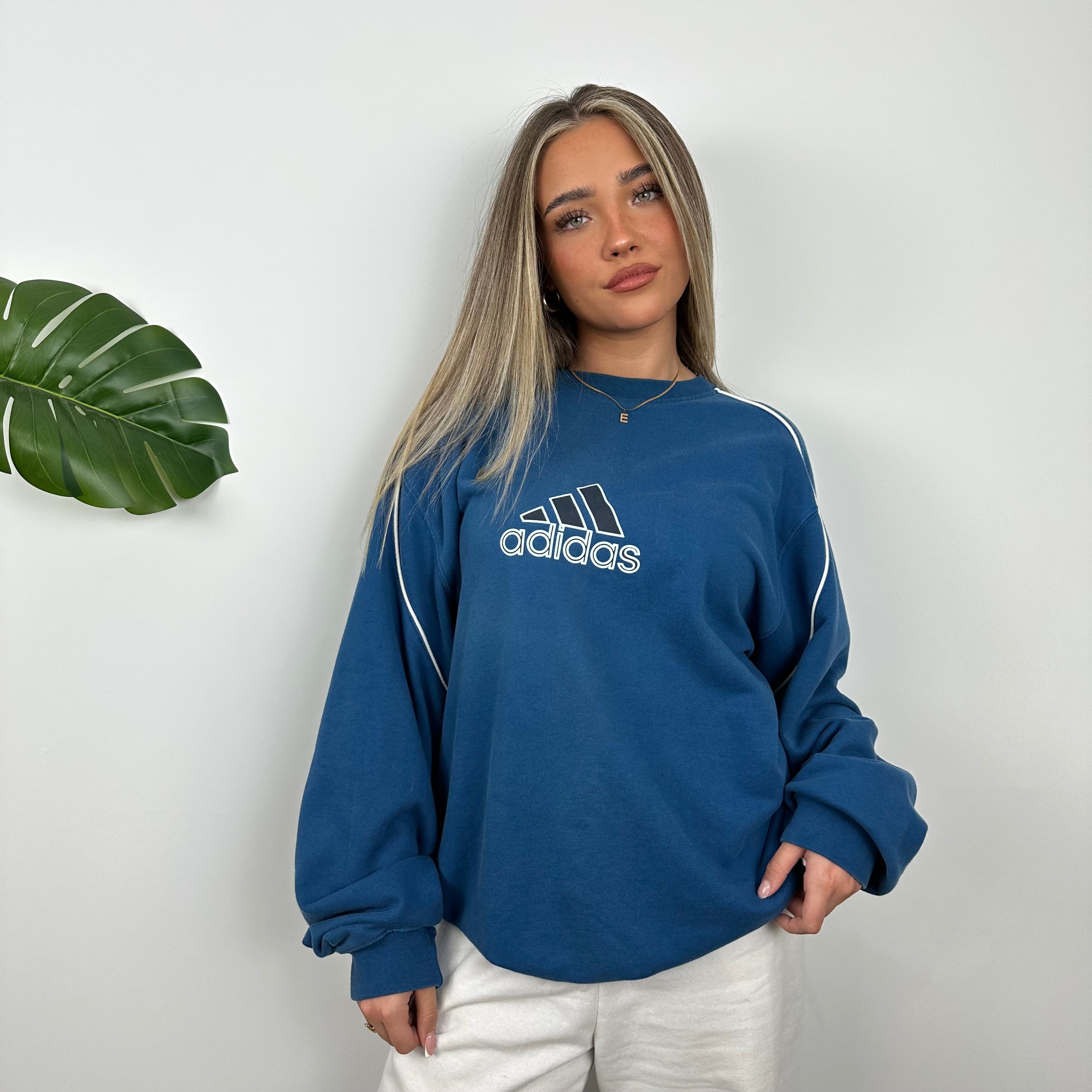 Adidas Blue Embroidered Spell Out Sweatshirt (XL)