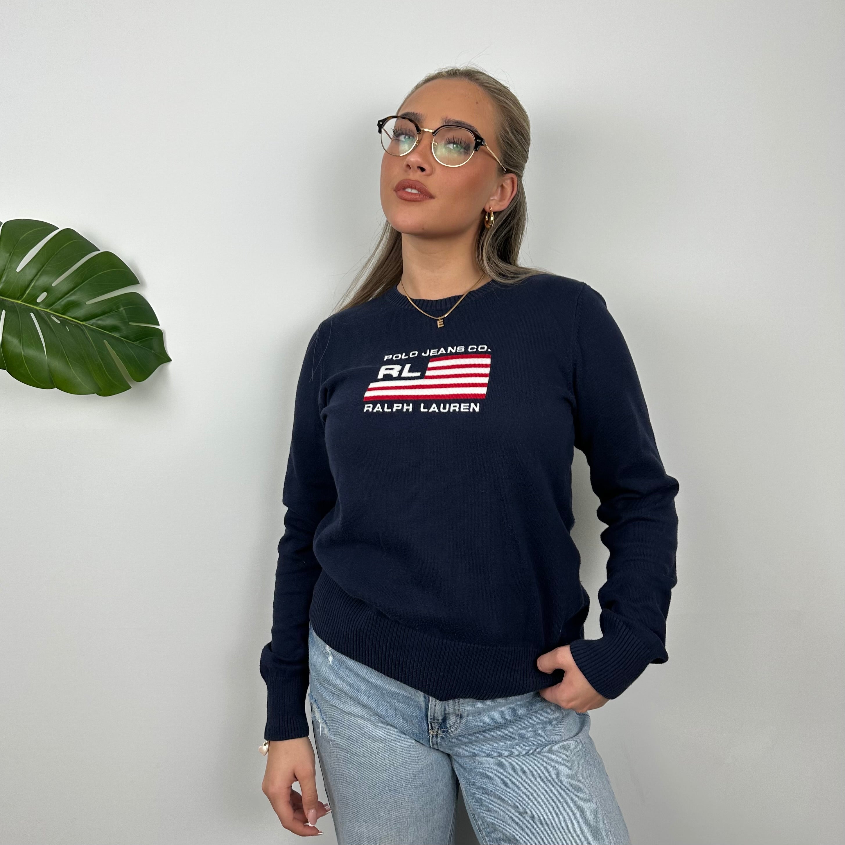 Polo Ralph Lauren RARE Navy Embroidered Spell Out Knitted Sweater (S)