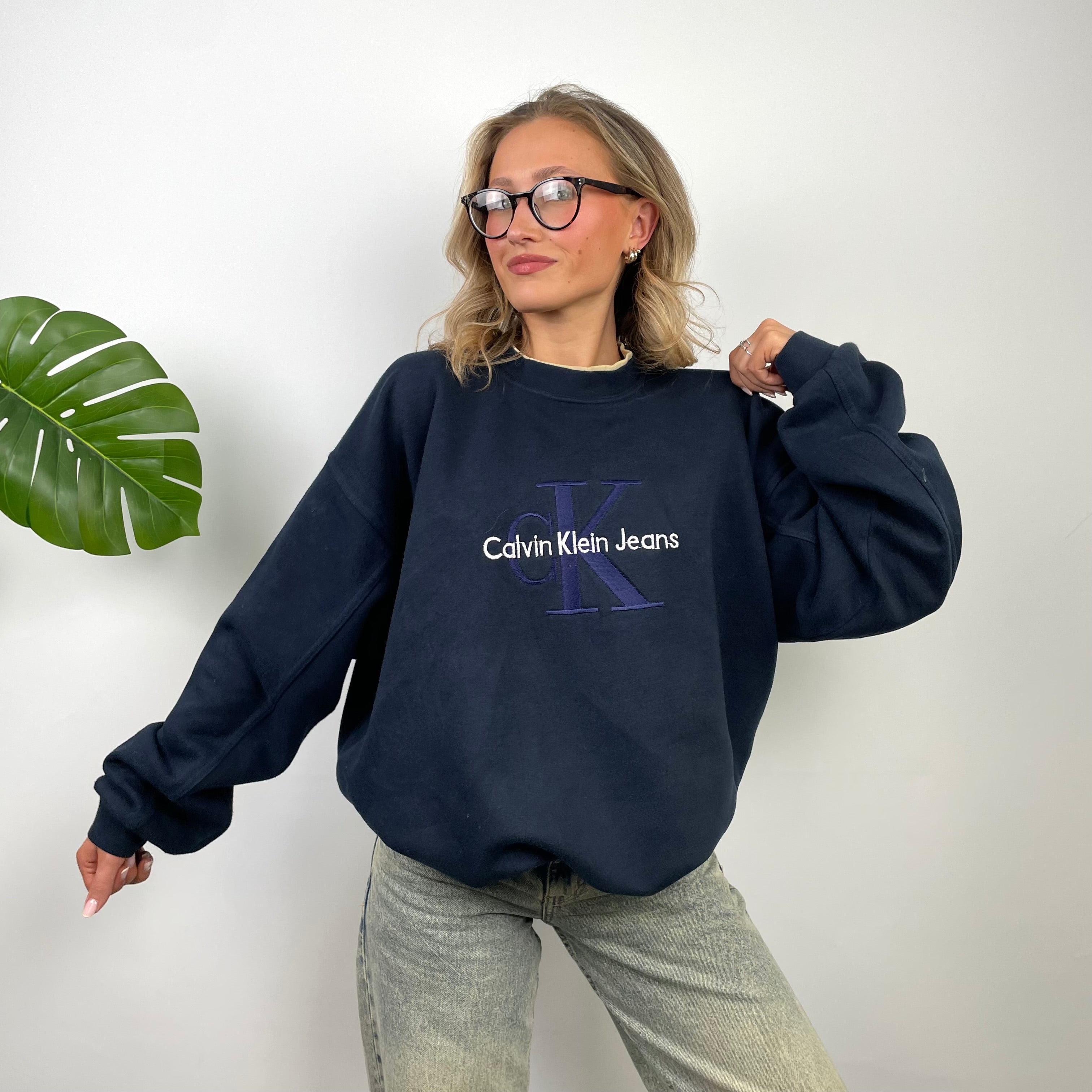 Calvin Klein Navy Embroidered Spell Out Sweatshirt (XXL)