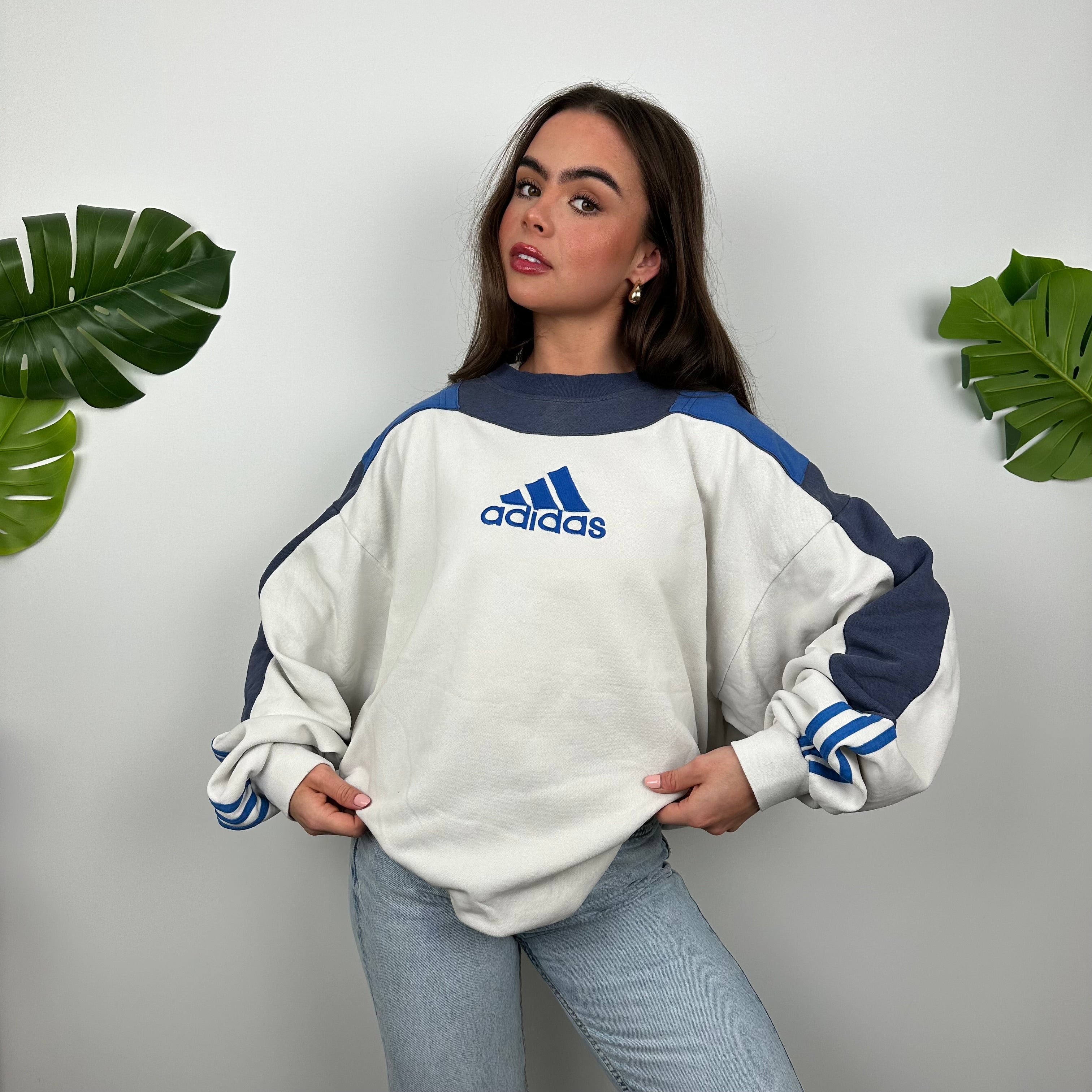 Adidas White and Navy Embroidered Spell Out Sweatshirt (L)