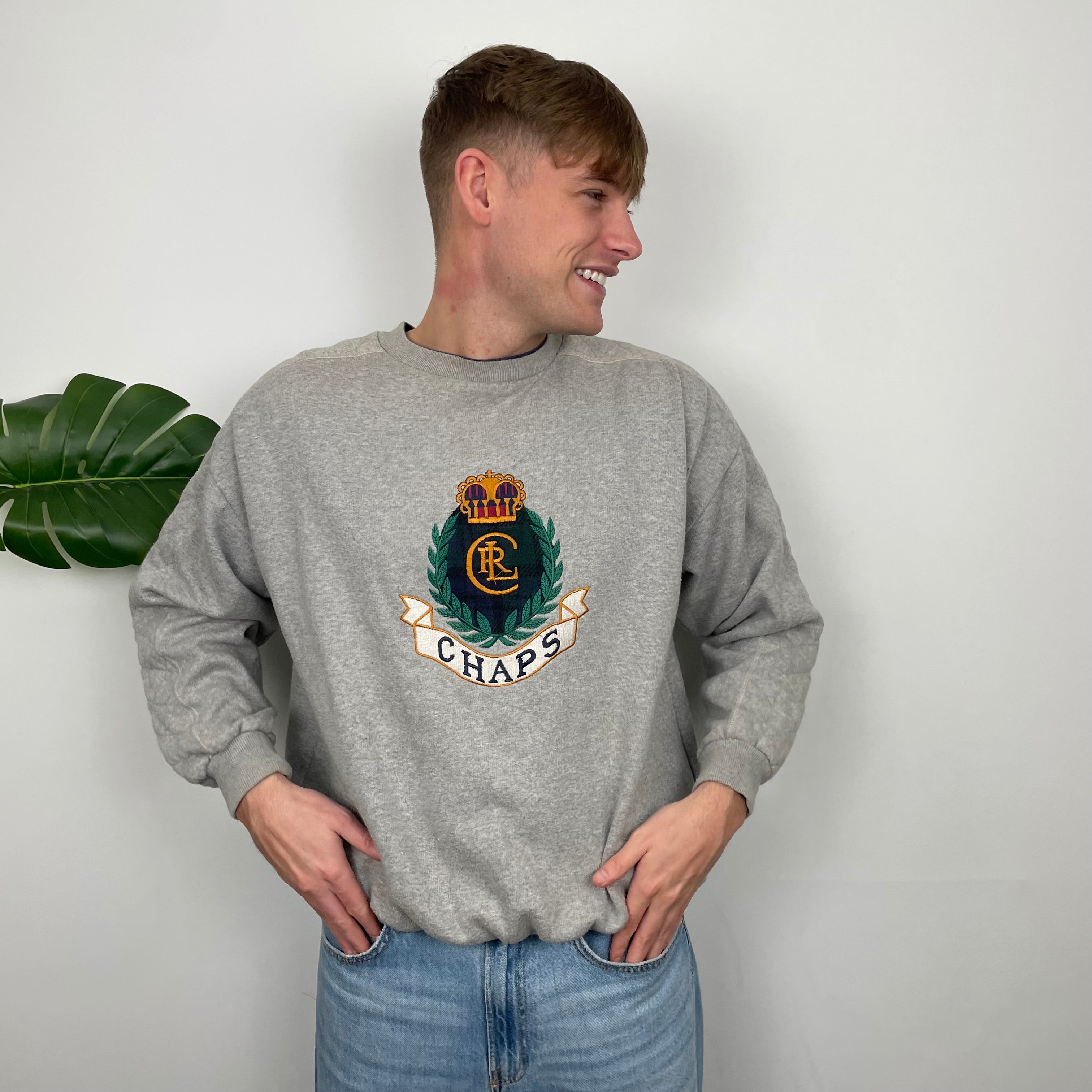 Chaps Ralph Lauren Grey Embroidered Spell Out Sweatshirt (L)