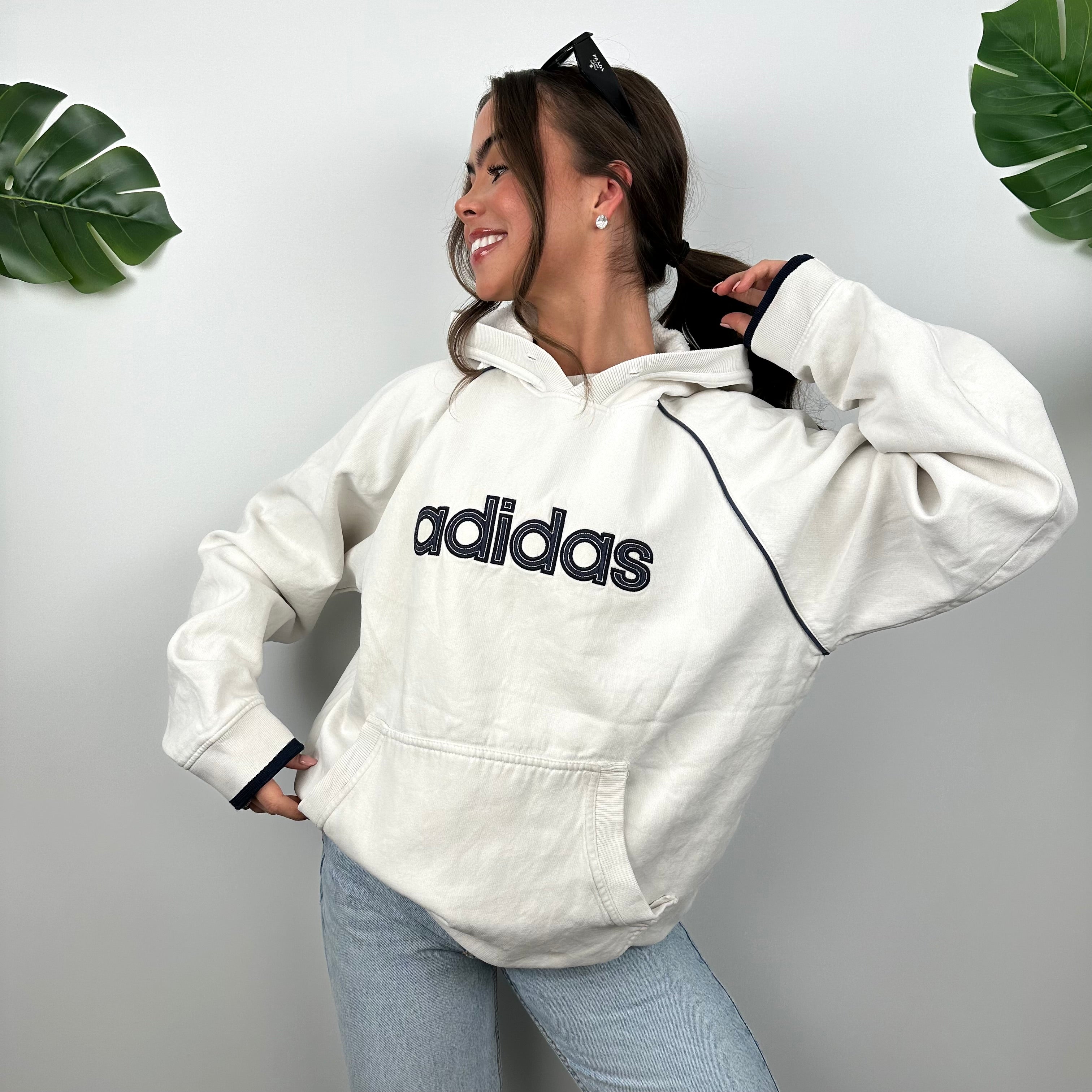 Adidas White Embroidered Spell Out Hoodie (L)