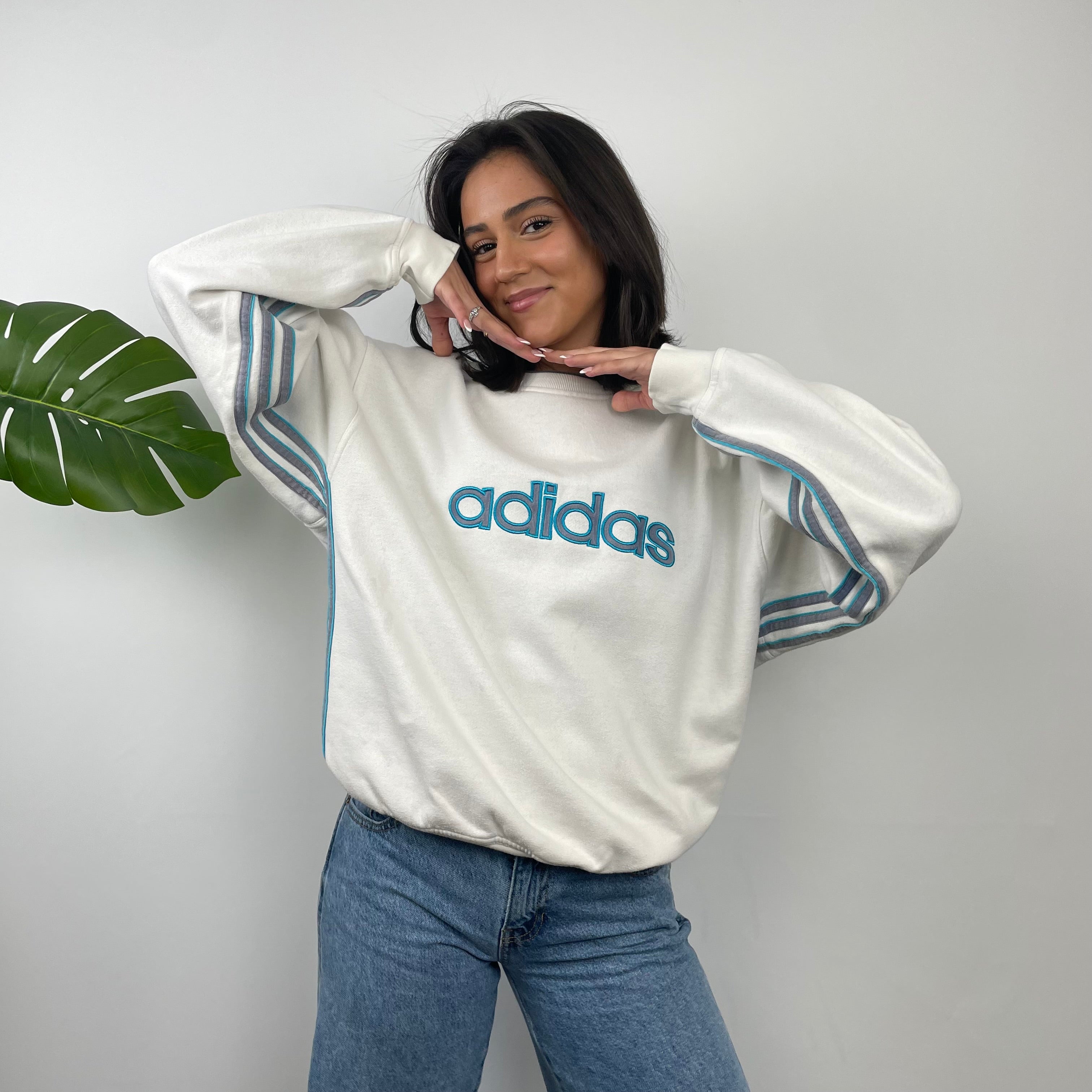 Adidas White Embroidered Spell Out Sweatshirt (M)