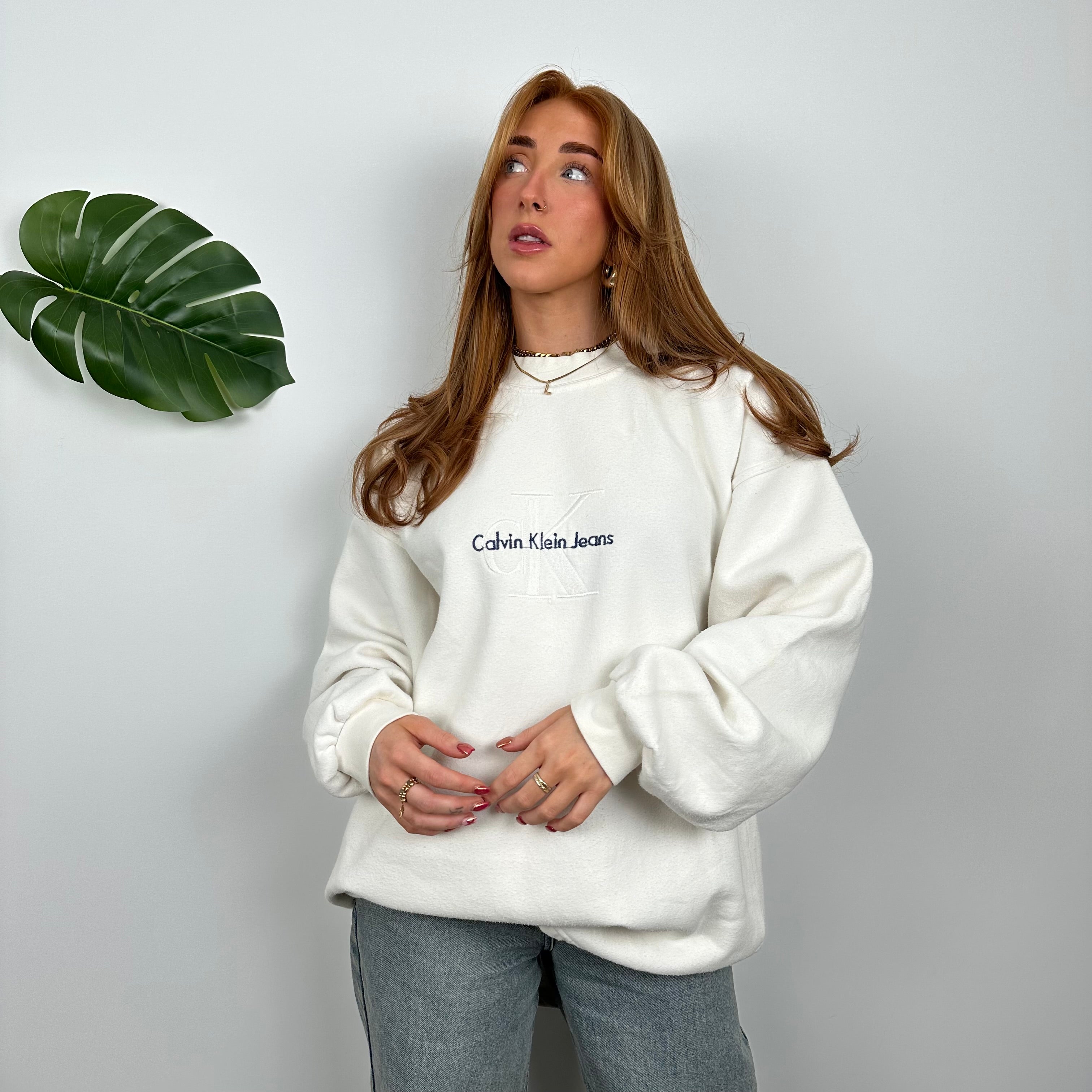 Calvin Klein RARE White Embroidered Spell Out Sweatshirt (XL)