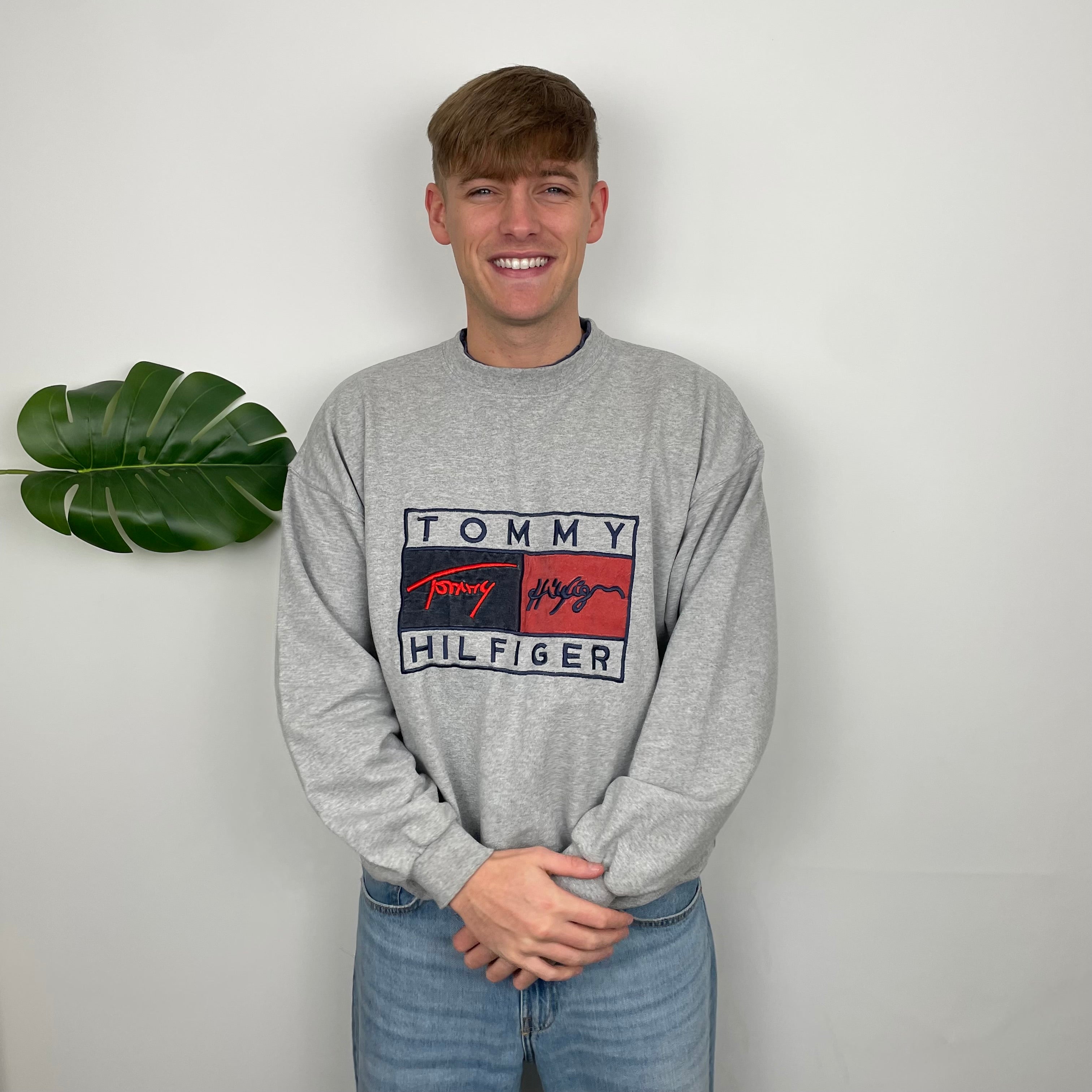 Tommy Hilfiger Grey Embroidered Spell Out Sweatshirt (XL)