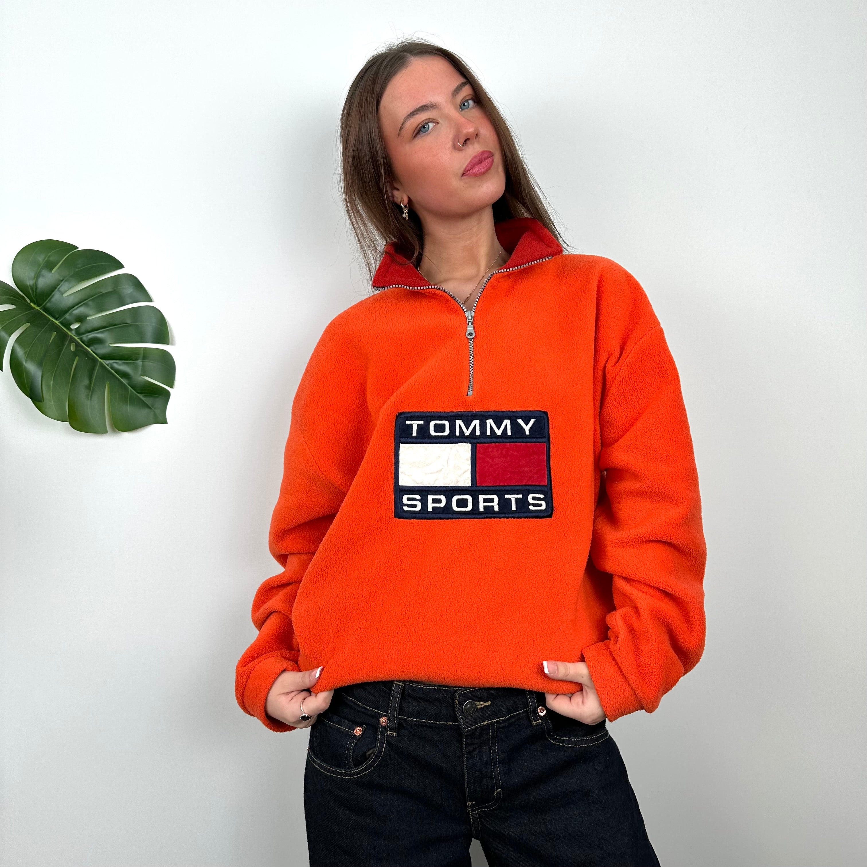 Tommy Hilfiger Orange Embroidered Spell Out Teddy Bear Fleece Quarter Zip Sweatshirt (L)