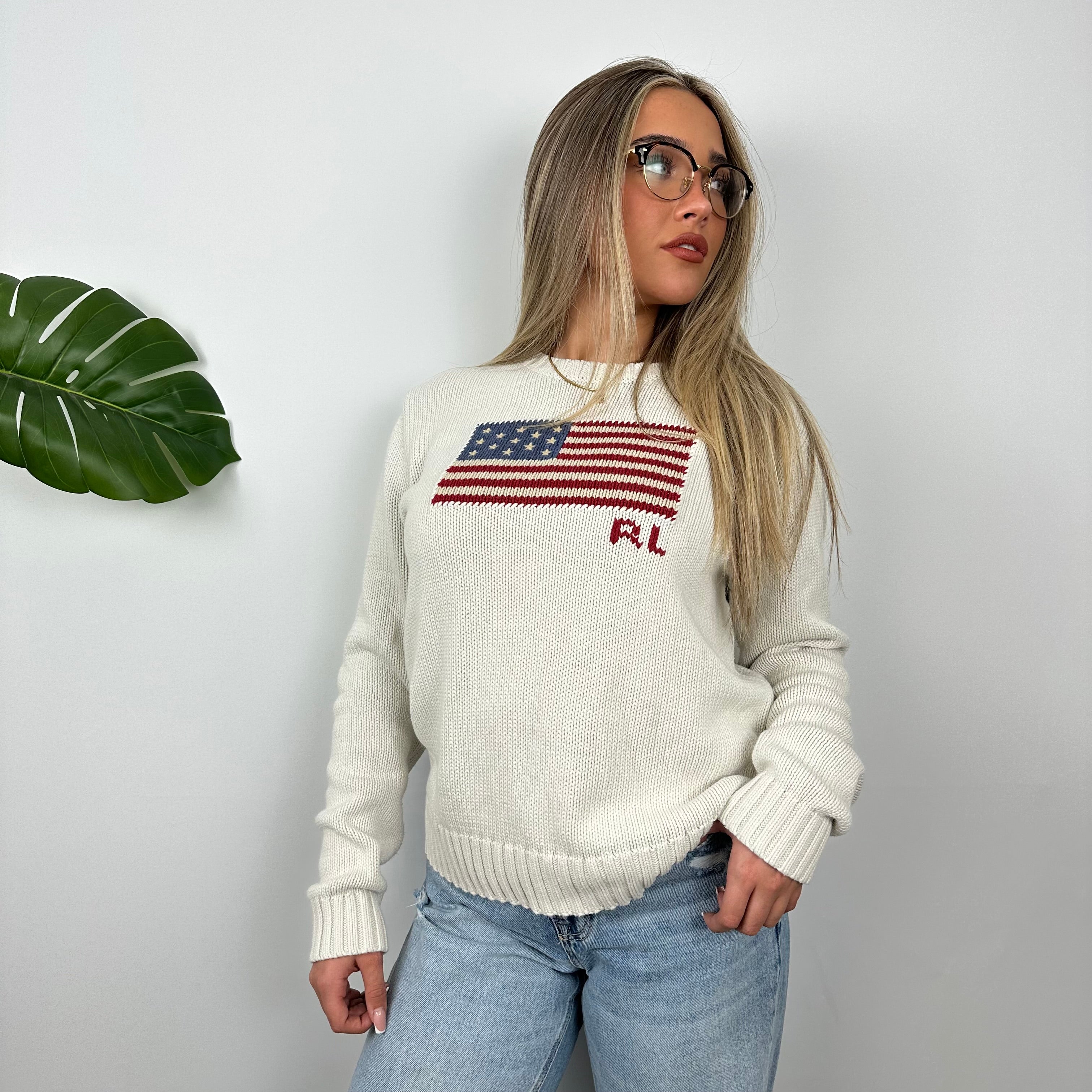 Polo Ralph Lauren White Embroidered Spell Out Knitted Sweater (M)