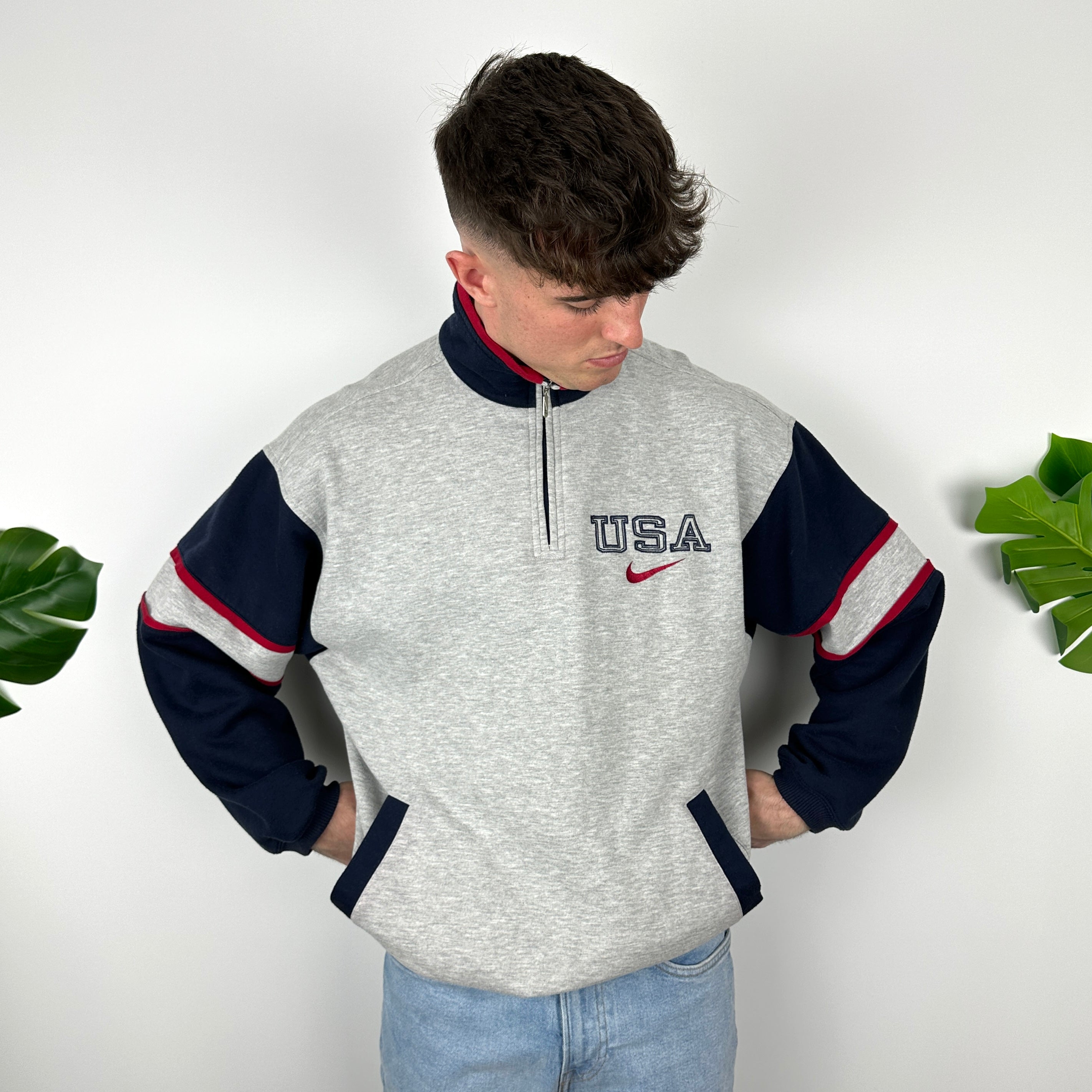 Nike x USA Grey Embroidered Spell Out Quarter Zip Sweatshirt (L)