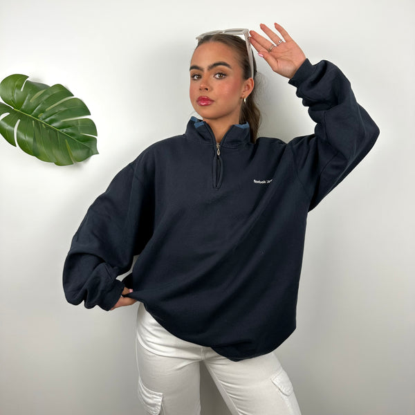 Reebok Navy Embroidered Spell Out Quarter Zip Sweatshirt (M)