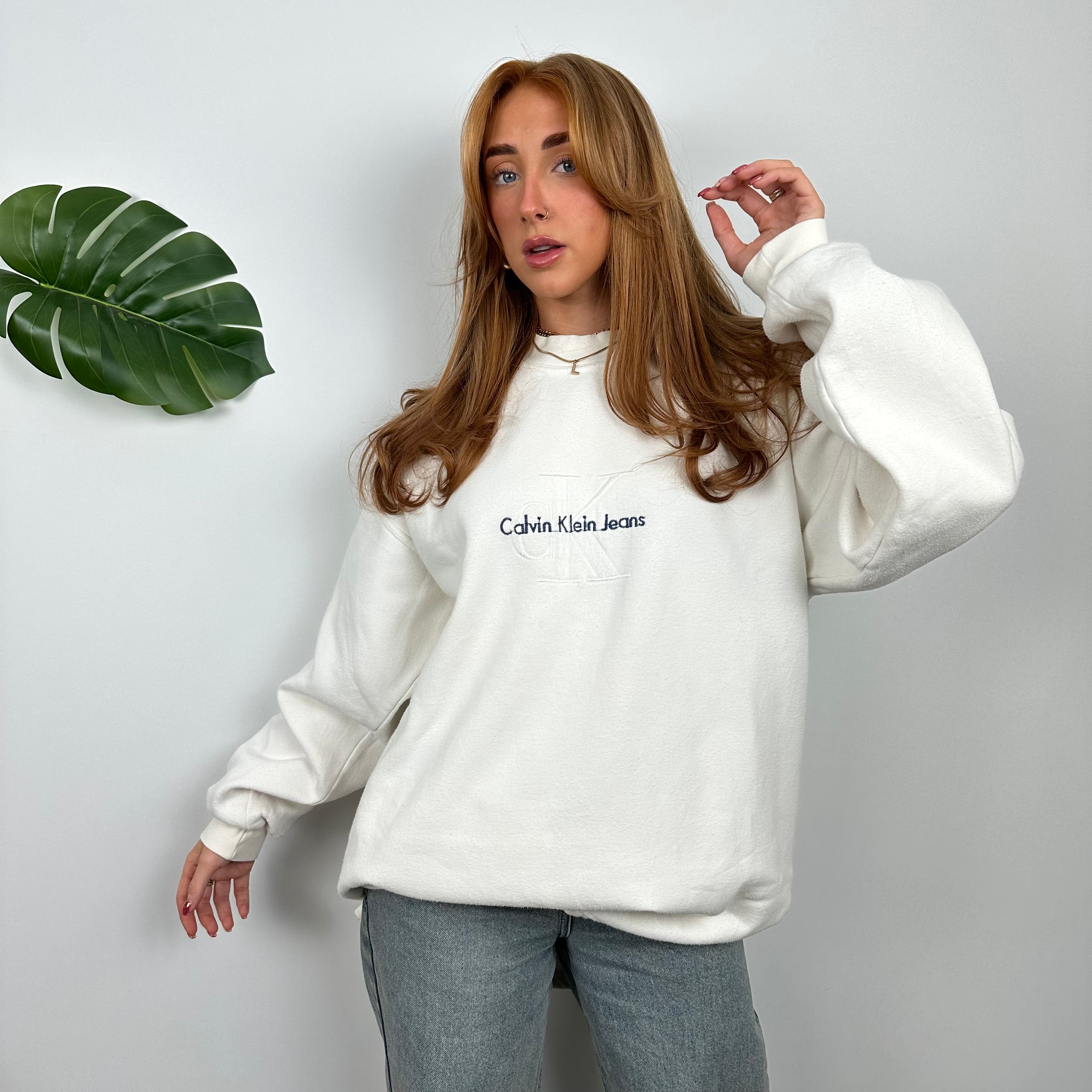 Calvin Klein RARE White Embroidered Spell Out Sweatshirt (XL)