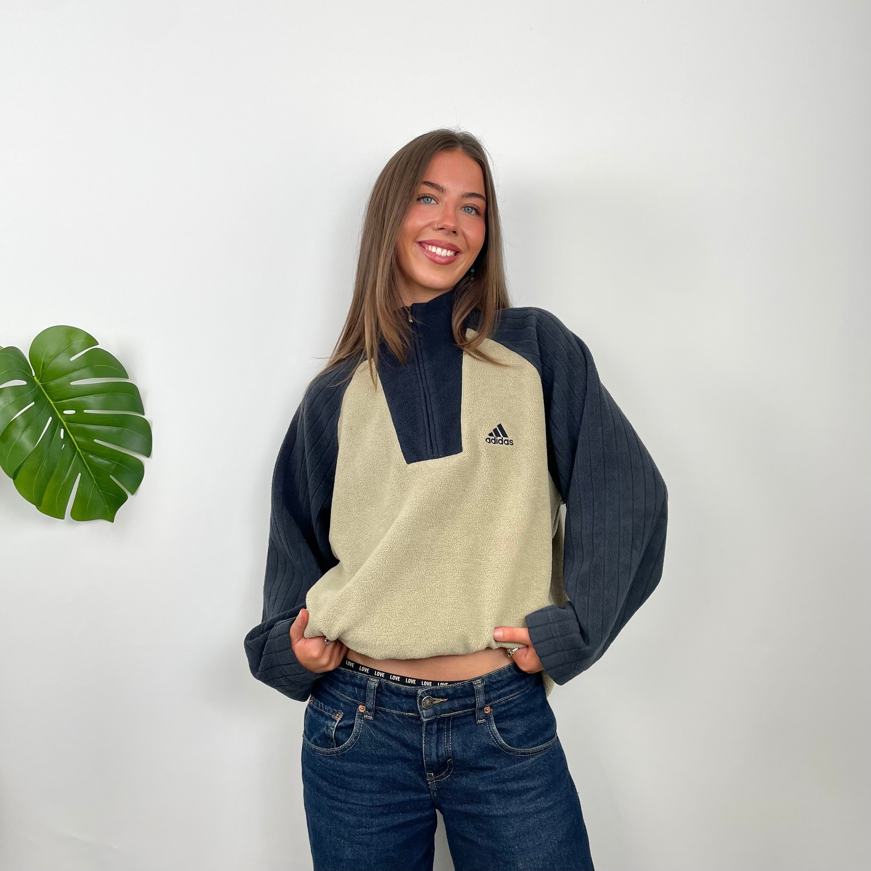 Adidas RARE Cream Embroidered Spell Out Teddy Bear Fleece Quarter Zip Sweatshirt (L)