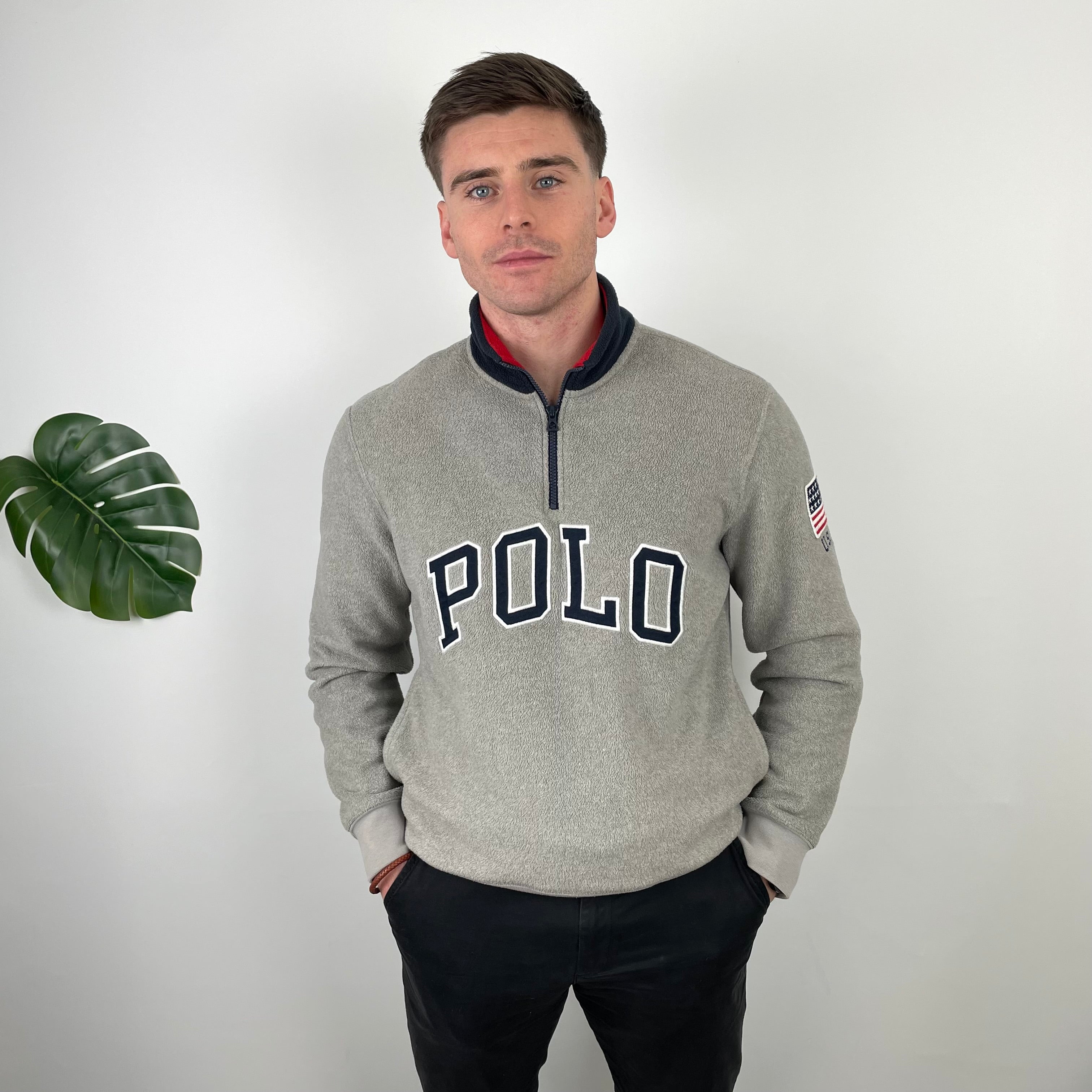Polo Ralph Lauren Grey Embroidered Spell Out Fleece Quarter Zip (M)
