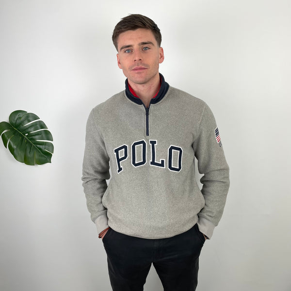 Polo Ralph Lauren Grey Embroidered Spell Out Fleece Quarter Zip (M)