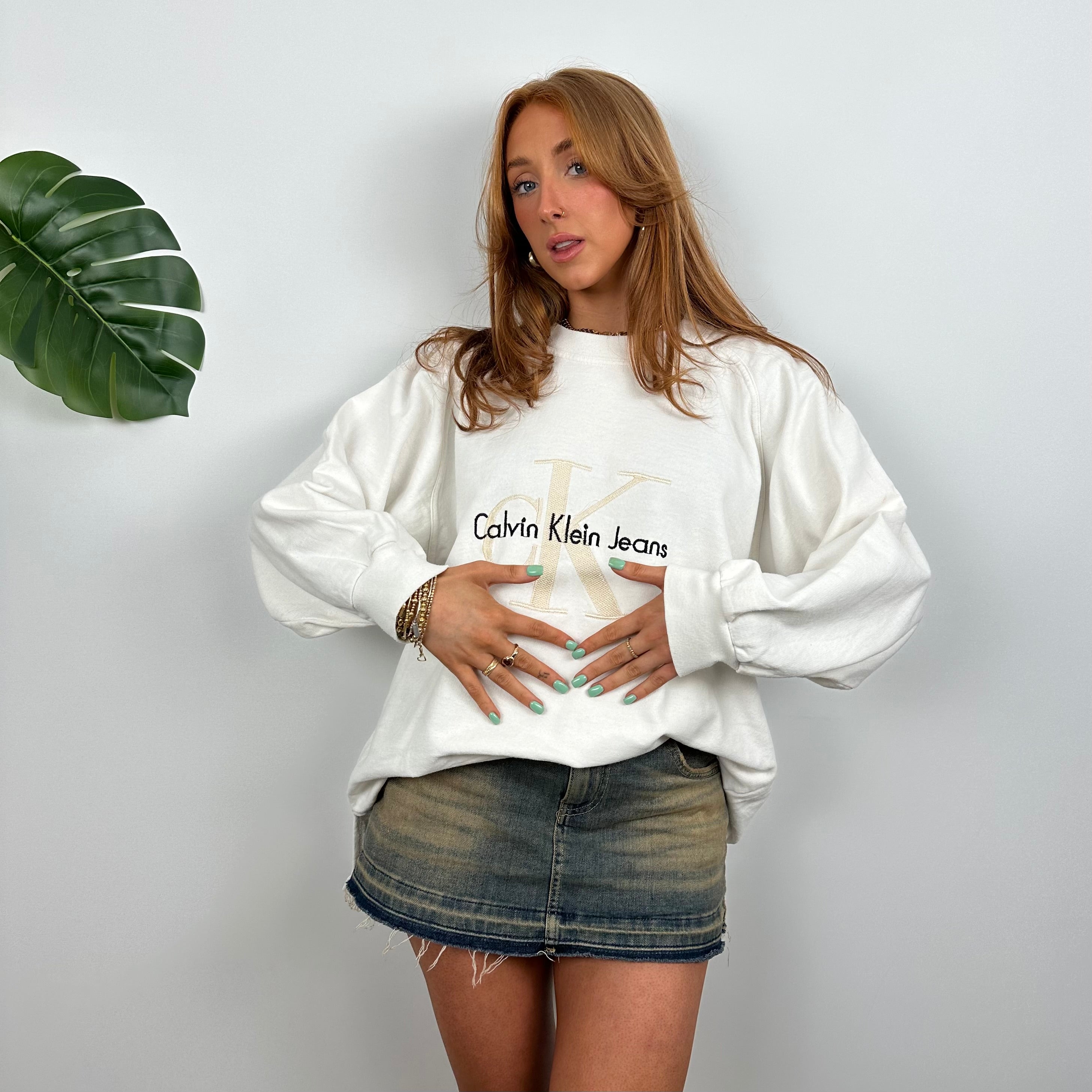 Calvin Klein RARE Cream Embroidered Spell Out Sweatshirt (M)