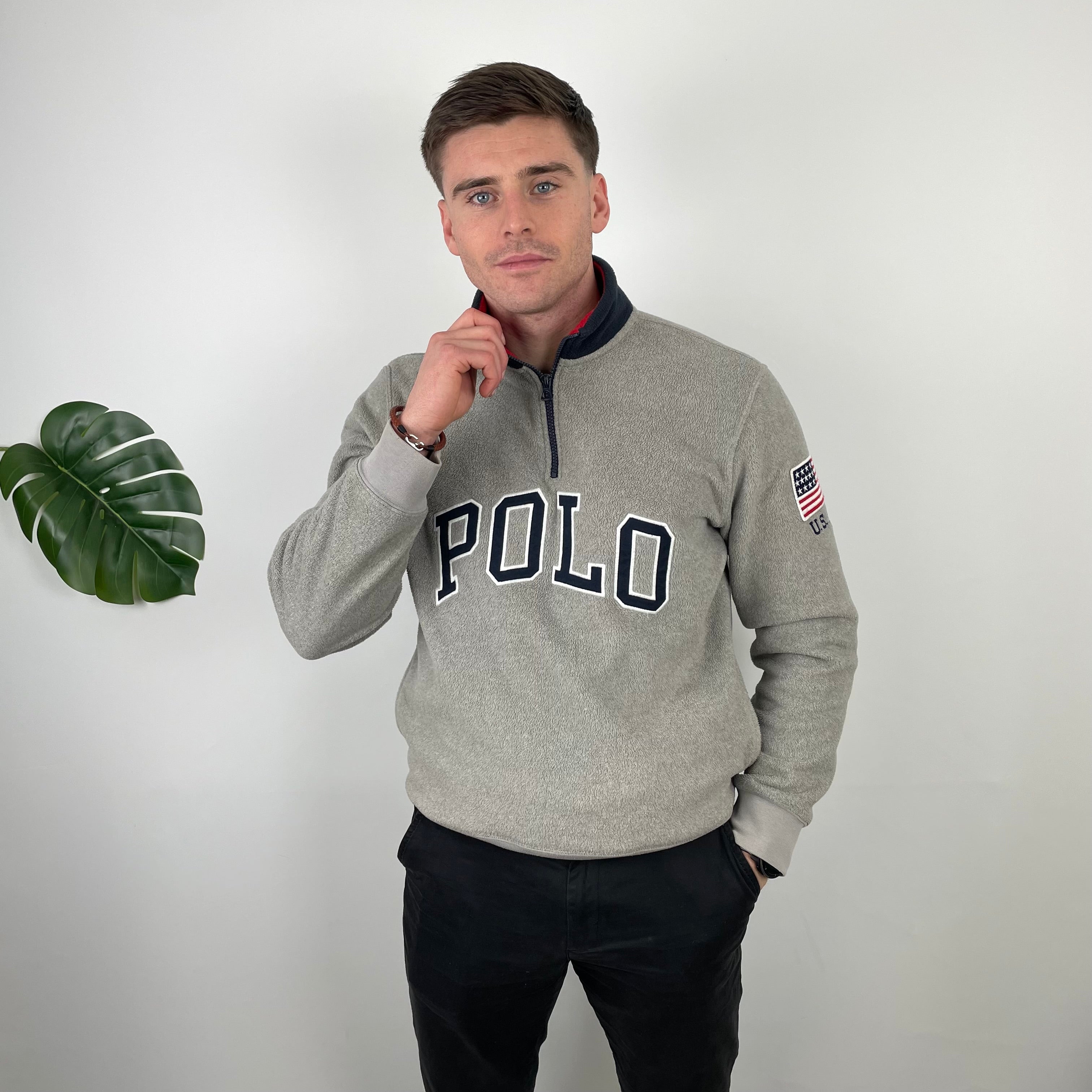 Polo Ralph Lauren Grey Embroidered Spell Out Fleece Quarter Zip (M)