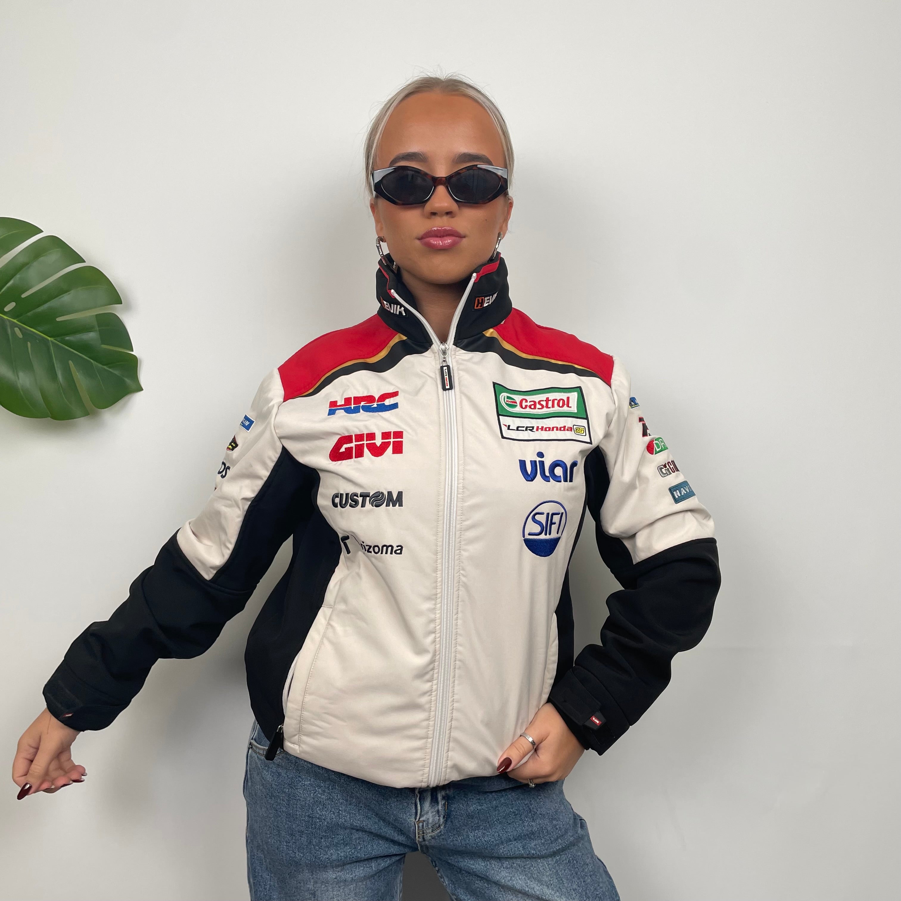 Honda Racing White Spell Out Zip Up Sweatshirt Jacket (M)