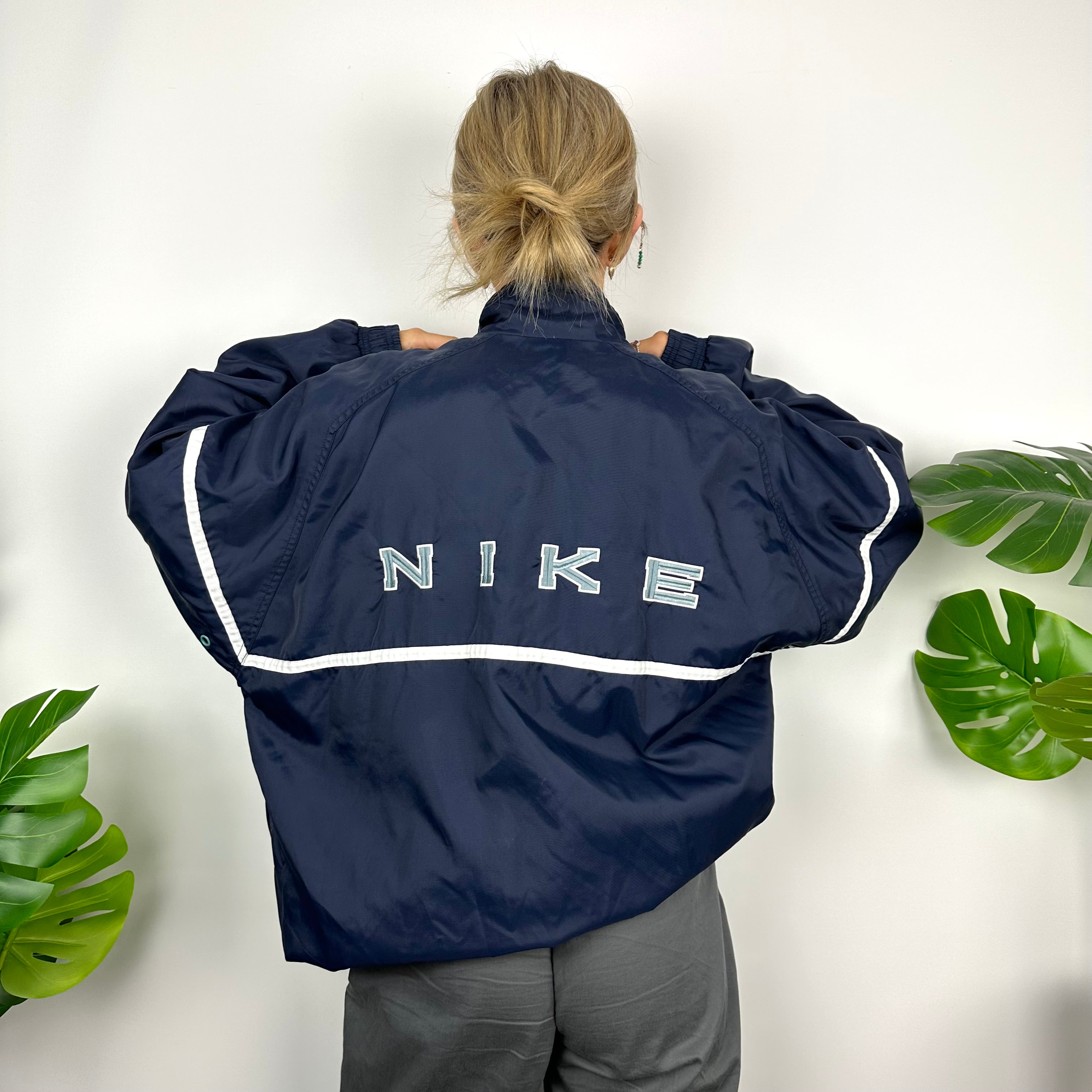 Nike Navy Embroidered Spell Out Quarter Zip Windbreaker Jacket (XL)