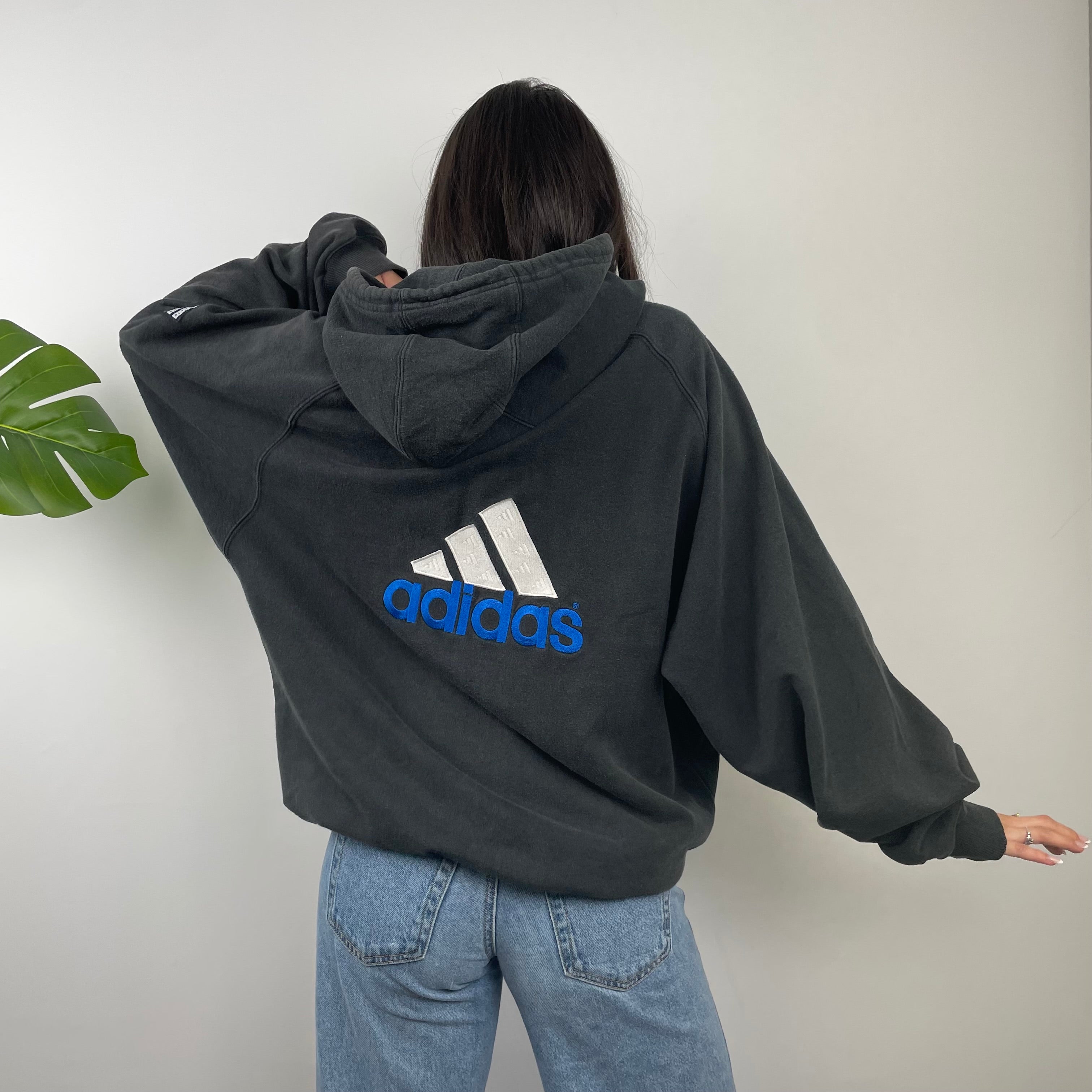Adidas Black Embroidered Spell Out Zip Up Hoodie Jacket (XL)