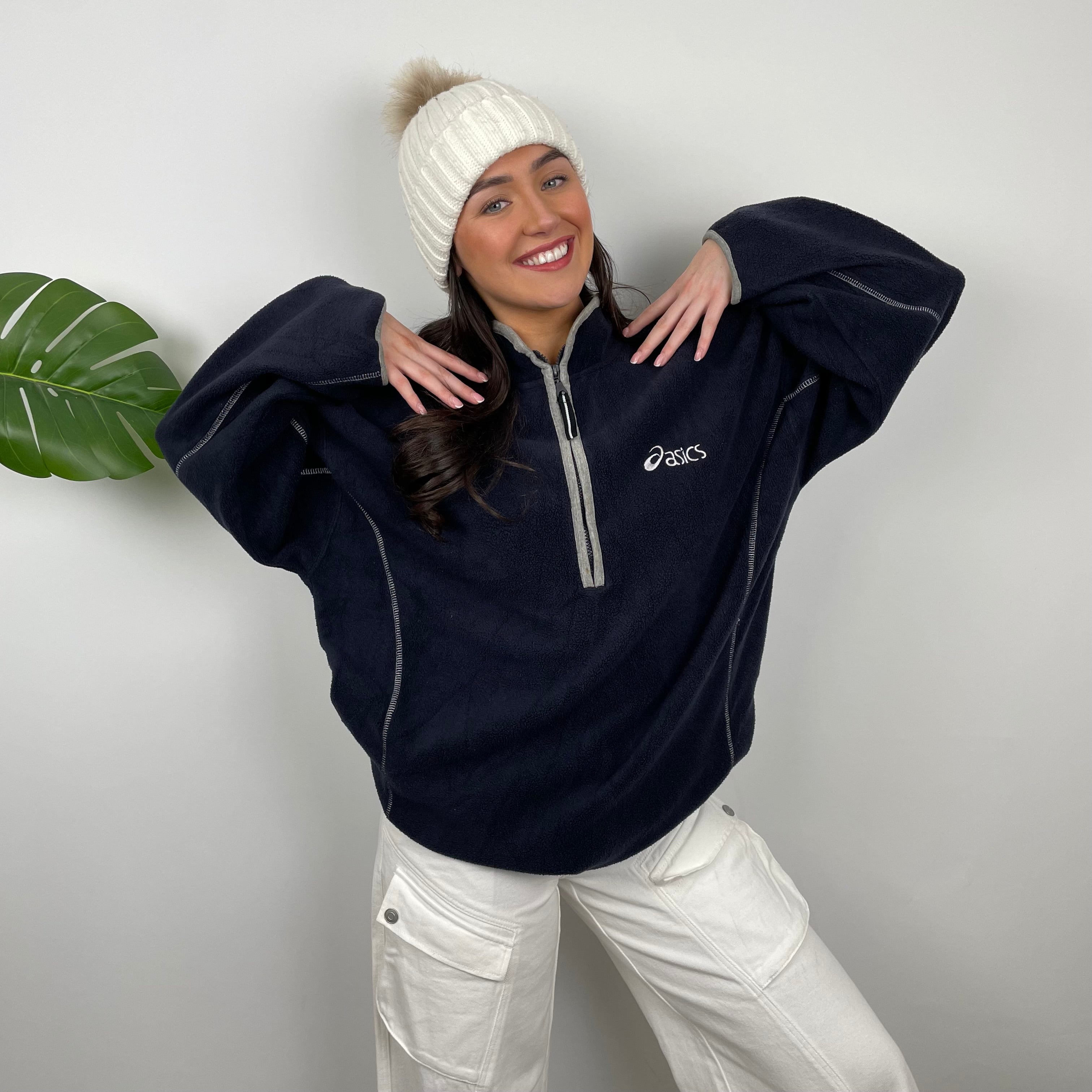 ASICS Navy Embroidered Spell Out Teddy Bear Fleece Quarter Zip Sweatshirt (XL)