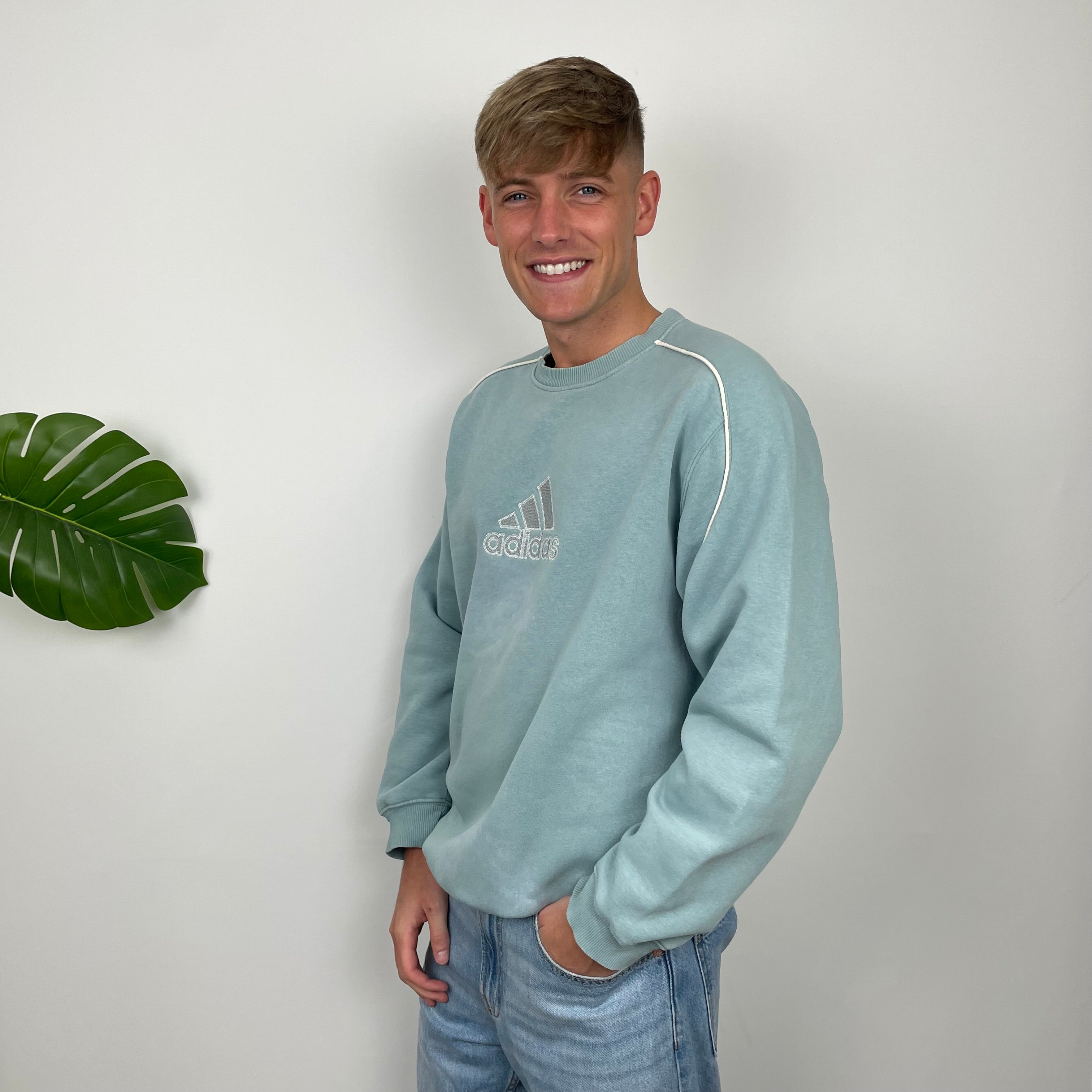 Adidas RARE Baby Blue Embroidered Spell Out Sweatshirt (XL)