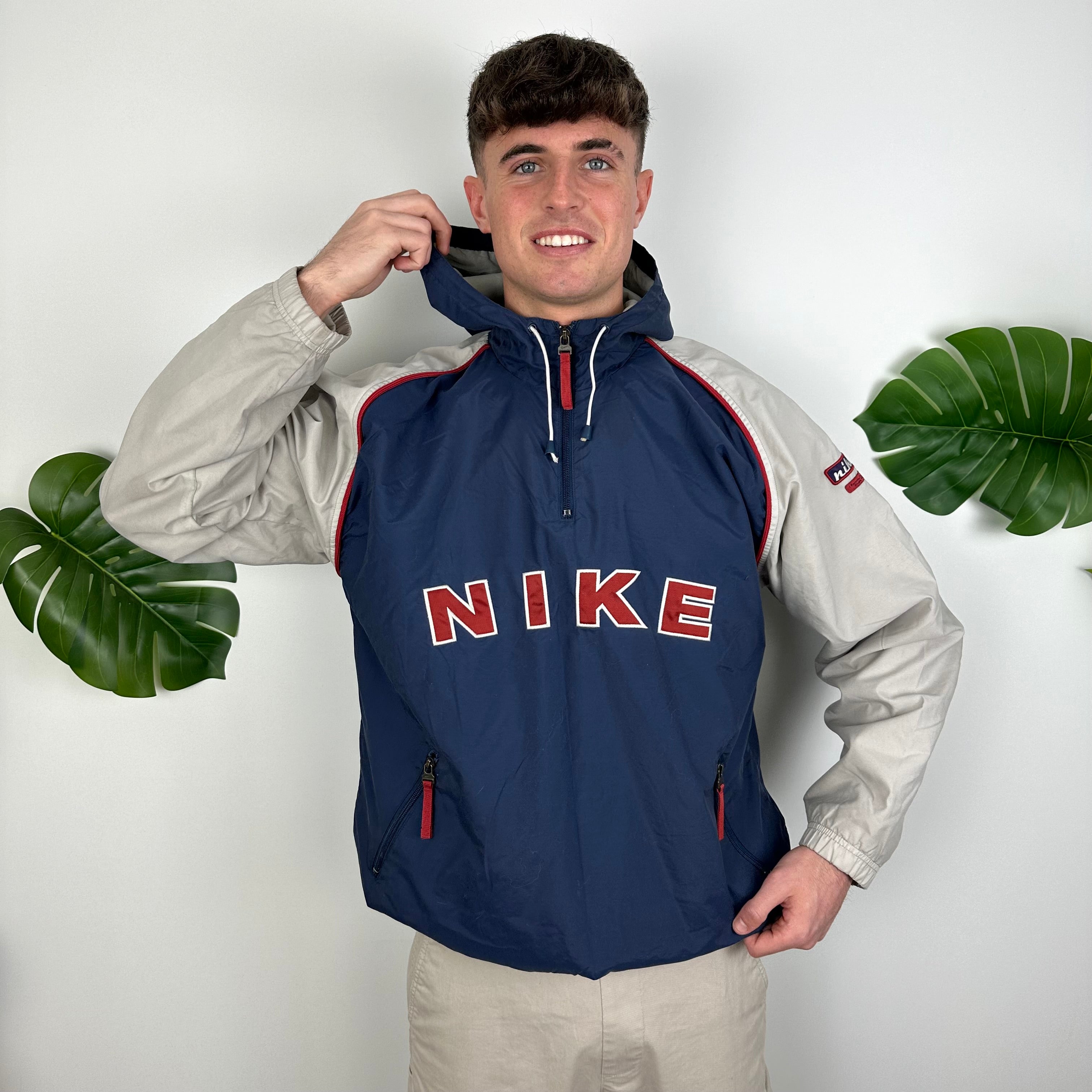 Nike Navy & Grey Embroidered Spell Out Quarter Zip Windbreaker Jacket (L)