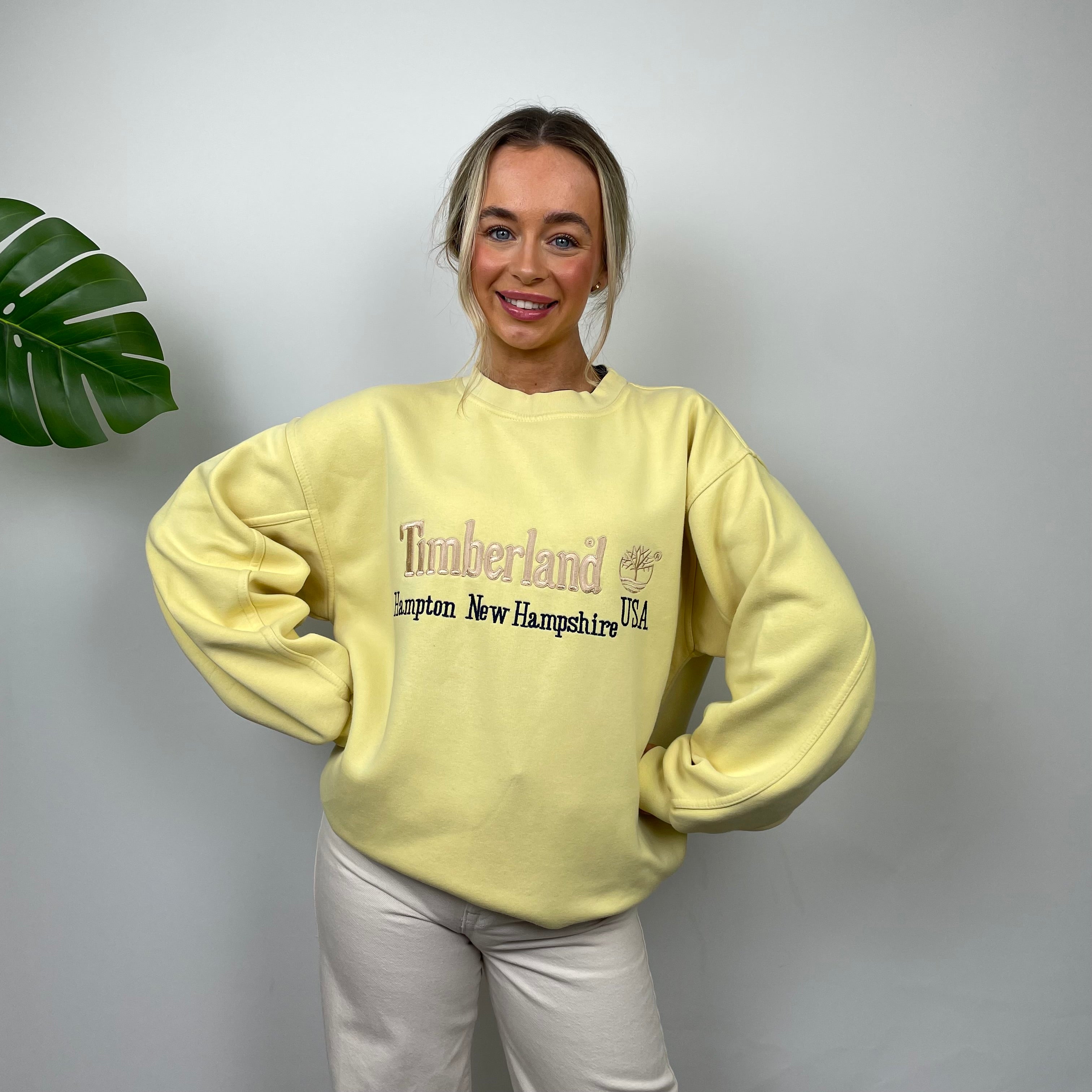 Timberland RARE Pastel Yellow Embroidered Spell Out Sweatshirt (XL)