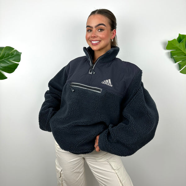 Adidas Blue Embroidered Spell Out Teddy Bear Sherpa Fleece Quarter Zip Sweatshirt (XL)