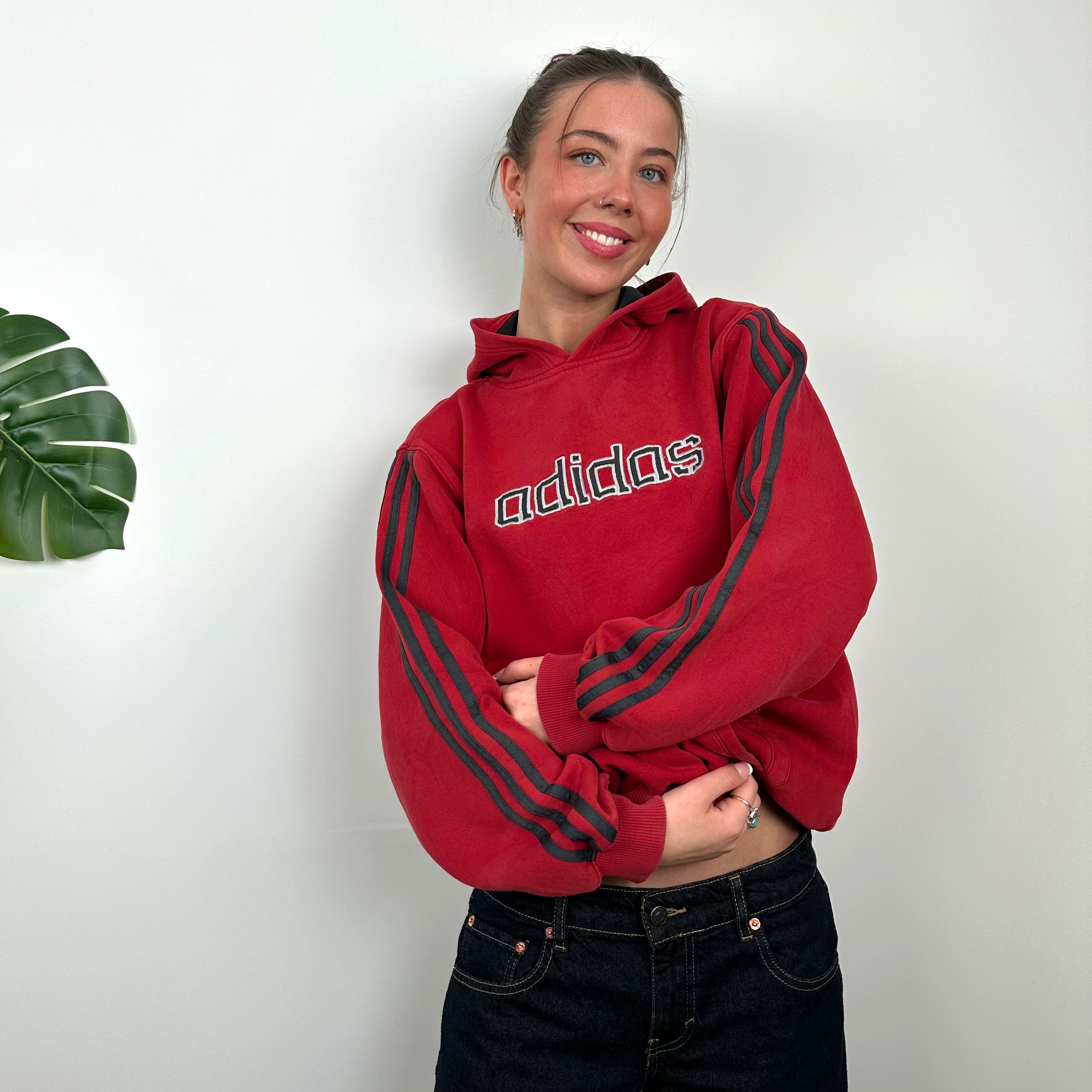 Adidas Red Embroidered Spell Out Hoodie (M)