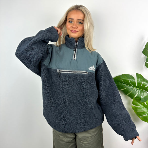 Adidas Blue Embroidered Spell Out Teddy Bear Sherpa Fleece Quarter Zip Sweatshirt (M)