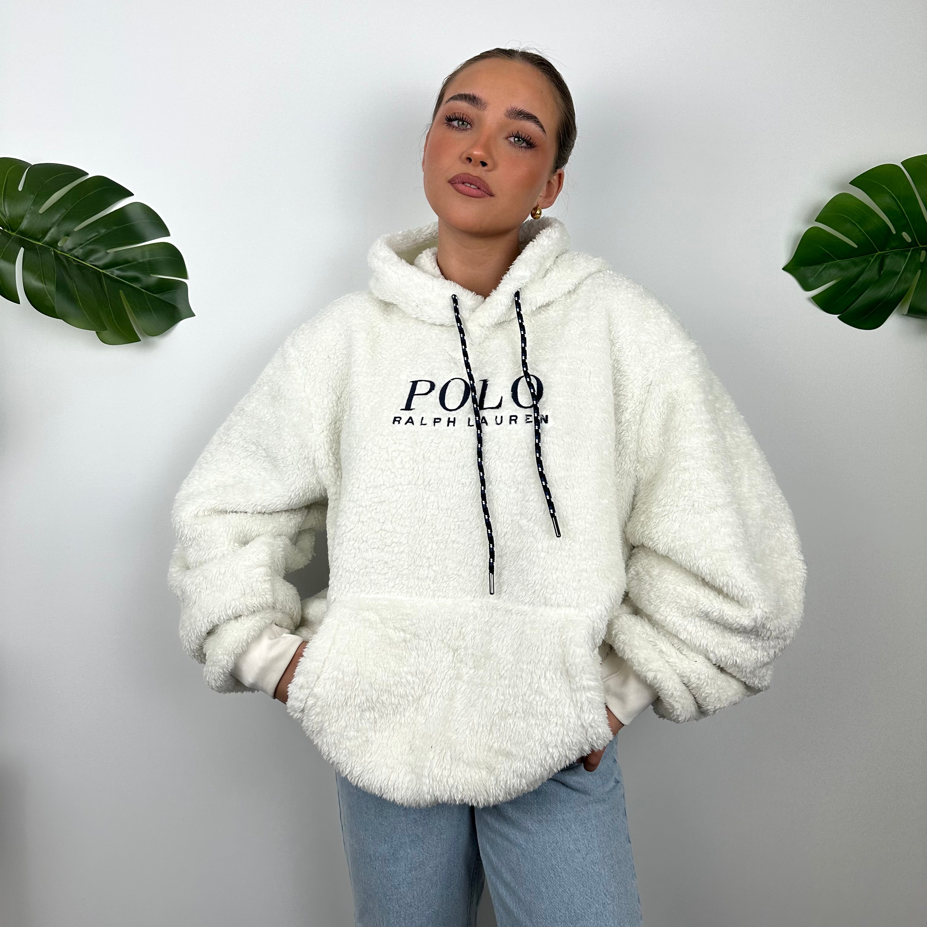 Polo Ralph Lauren White Embroidered Spell Out Teddy Bear Fleece Hoodie as worn by Danielle Collins (L)